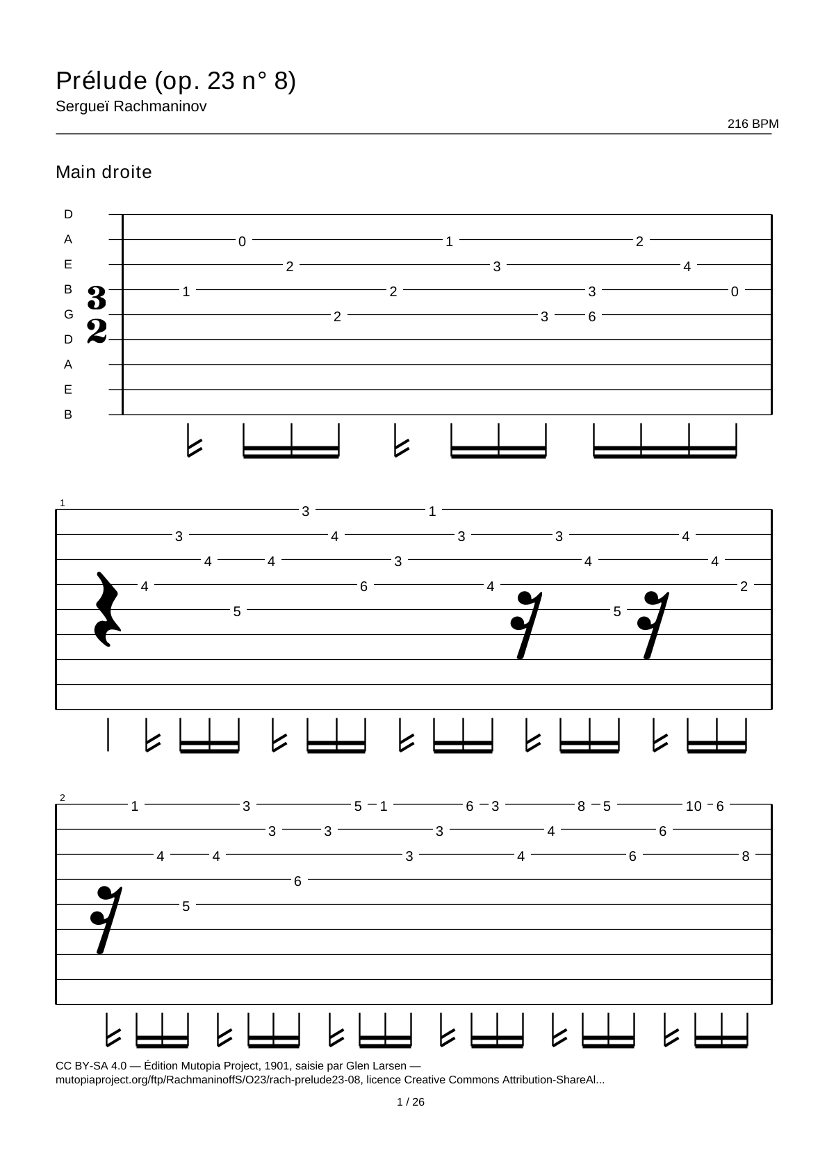 Preludio (op. 23 n.º 8) — Tablatura de guitarra