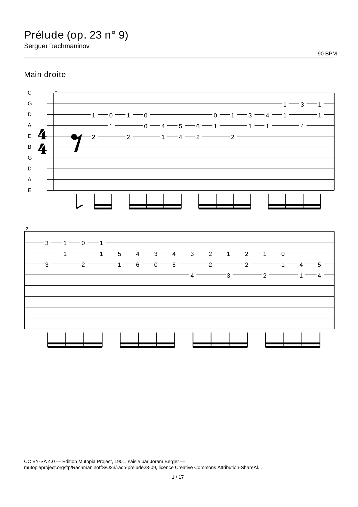 Preludio (op. 23 n.º 9) — Tablatura de guitarra
