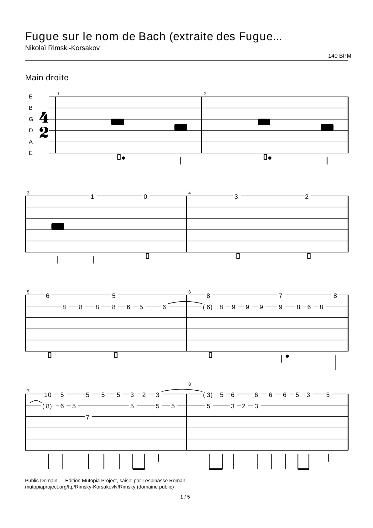 Fugue sur le nom de Bach (extraite des Fugues, op. 17) — Tablature guitare