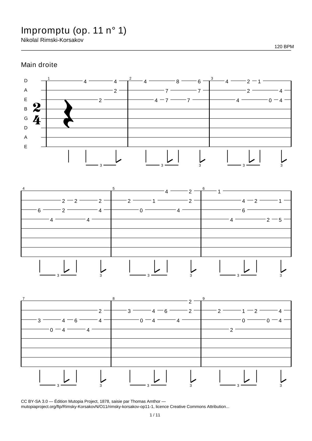 Impromptu (op. 11 n.º 1) — Tablatura de guitarra