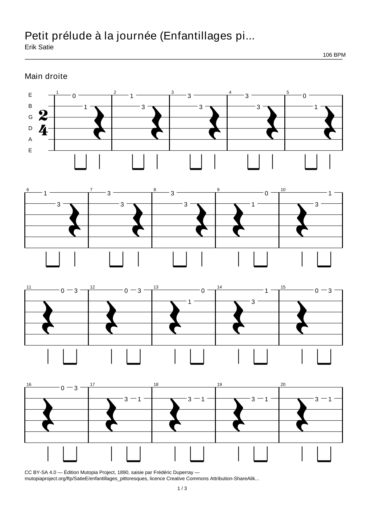 Petit prélude à la journée (Enfantillages pittoresques, I) — Tablature guitare