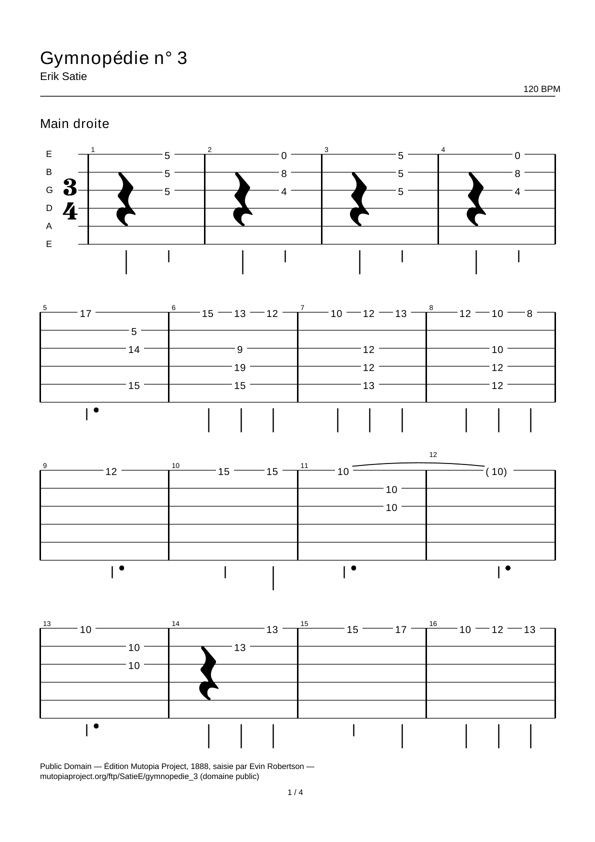 Gymnopédie n.º 3 — Tablatura de guitarra