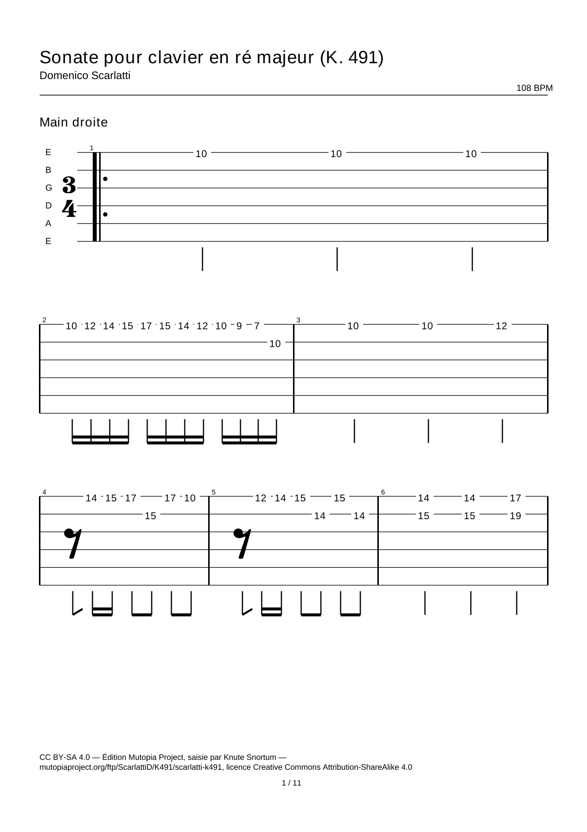 Keyboard Sonata in D major (K. 491) — Guitar Tab