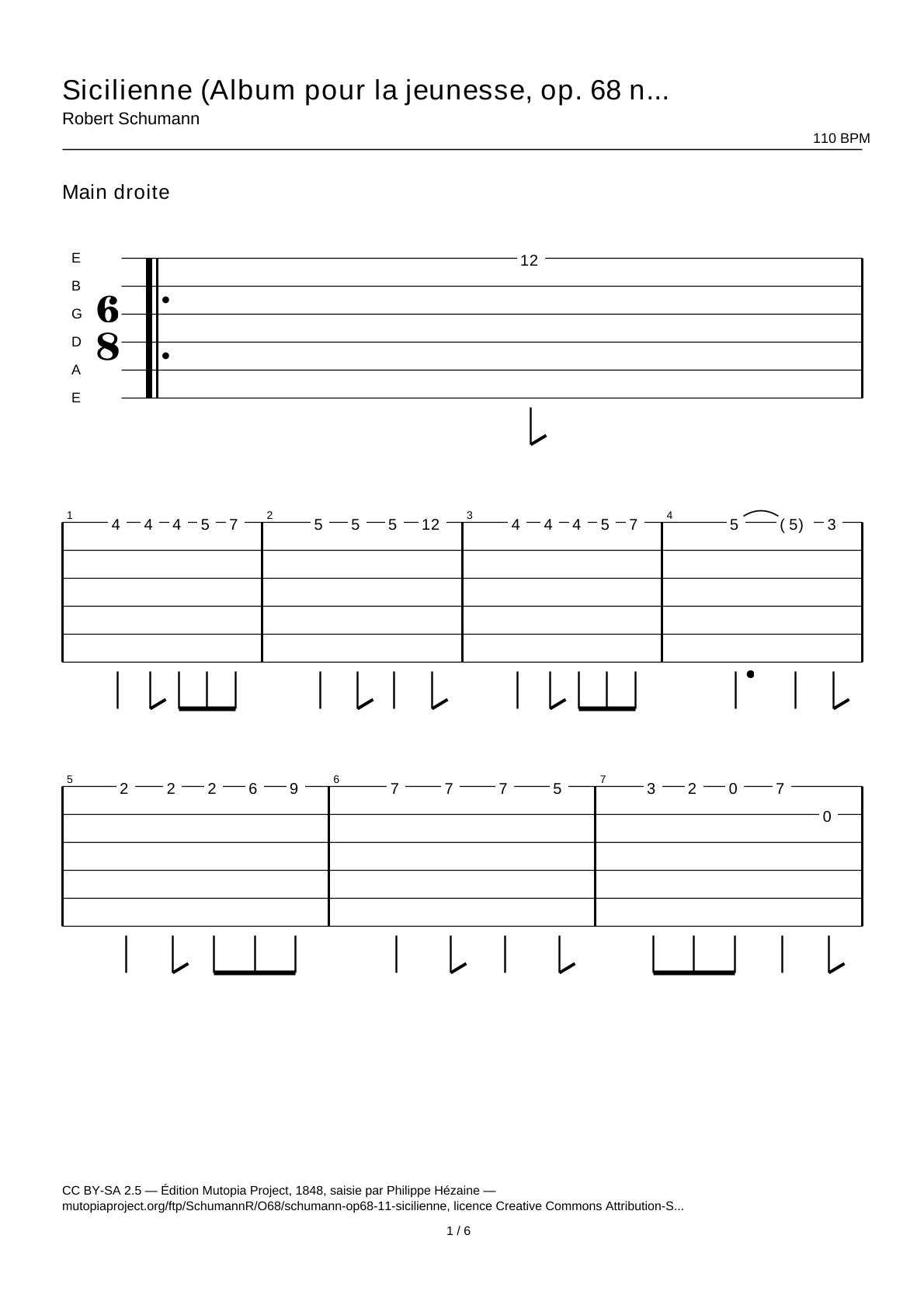 Siciliana (Álbum para la juventud, op. 68 n.º 11) — Tablatura de guitarra