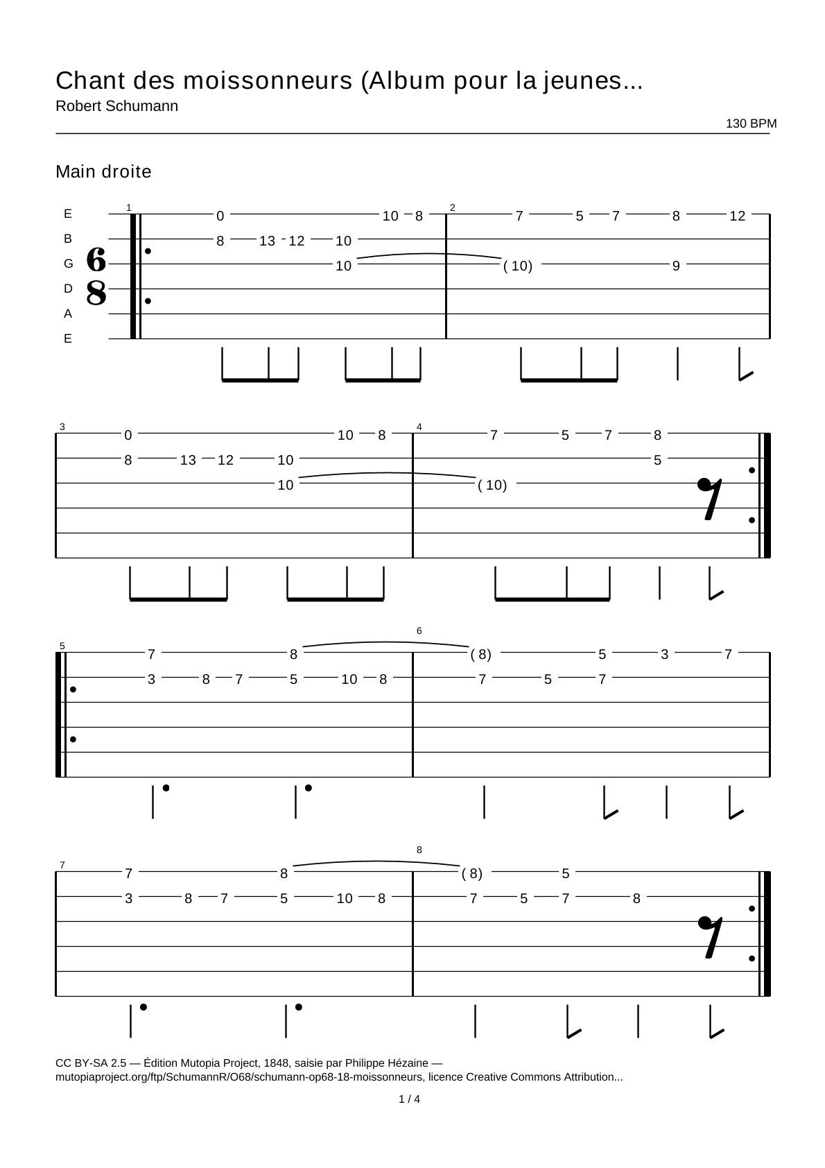 Canción de los segadores (Álbum para la juventud, op. 68 n.º 18) — Tablatura de guitarra