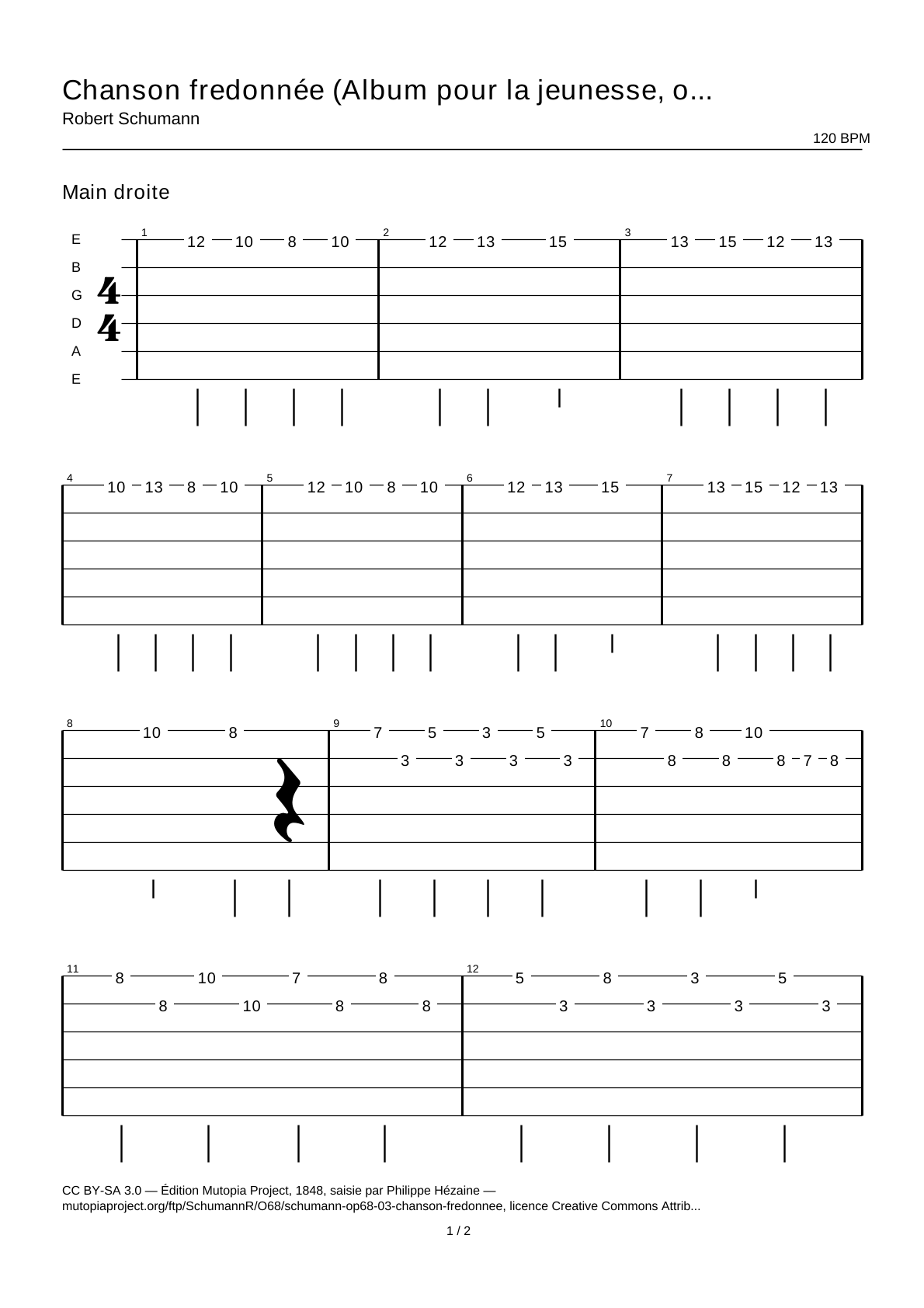 Canción tarareada (Álbum para la juventud, op. 68 n.º 3) — Tablatura de guitarra