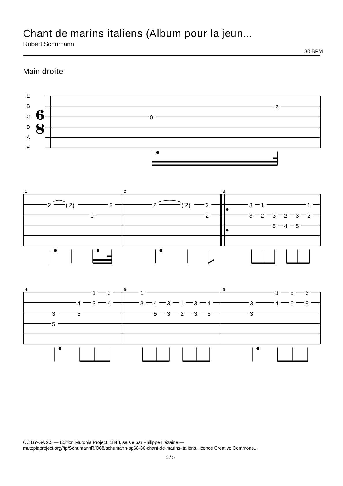 Chant de marins italiens (Album pour la jeunesse, op. 68 n° 36) — Tablature guitare