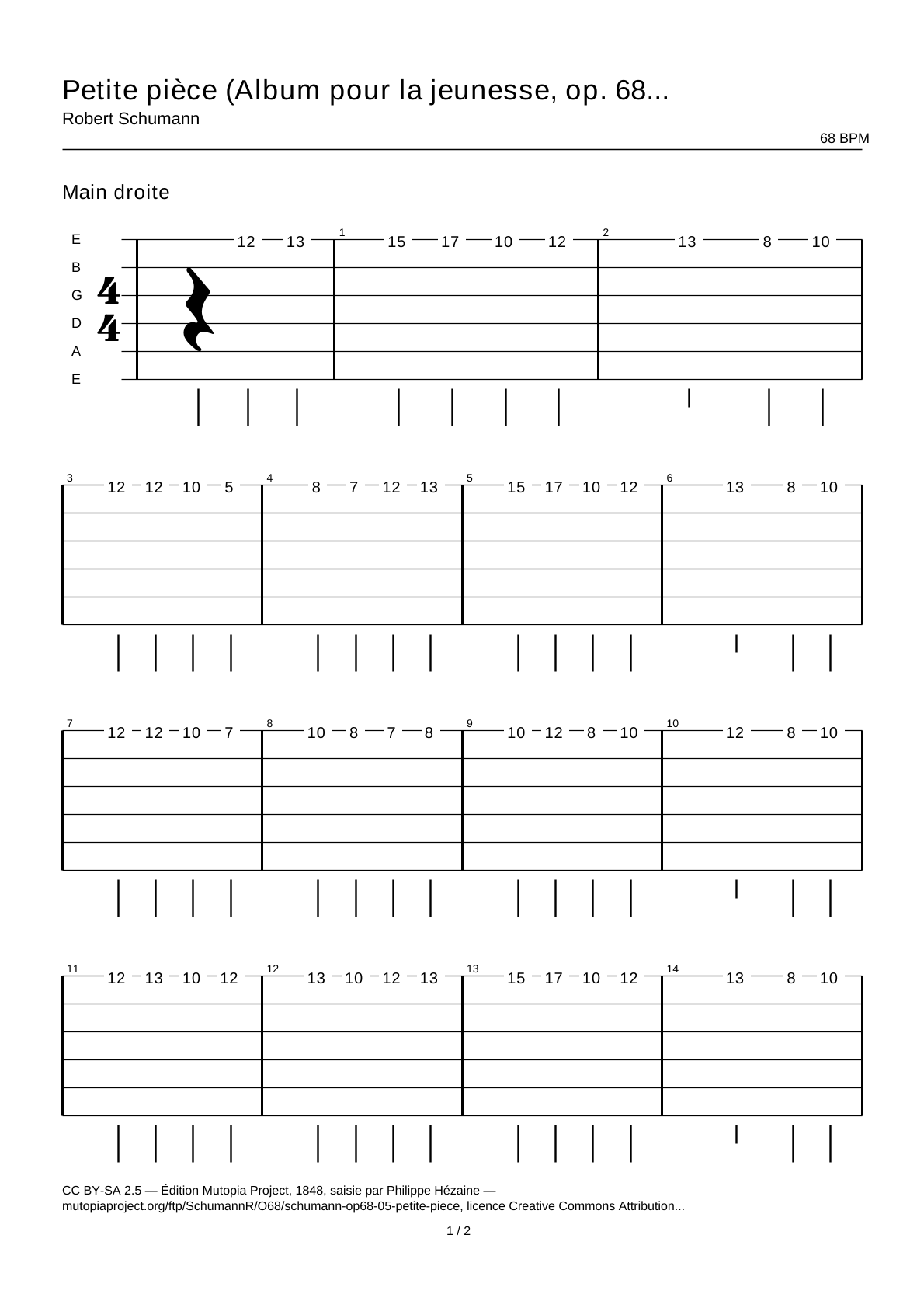 Petite pièce (Album pour la jeunesse, op. 68 n° 5) — Tablature guitare