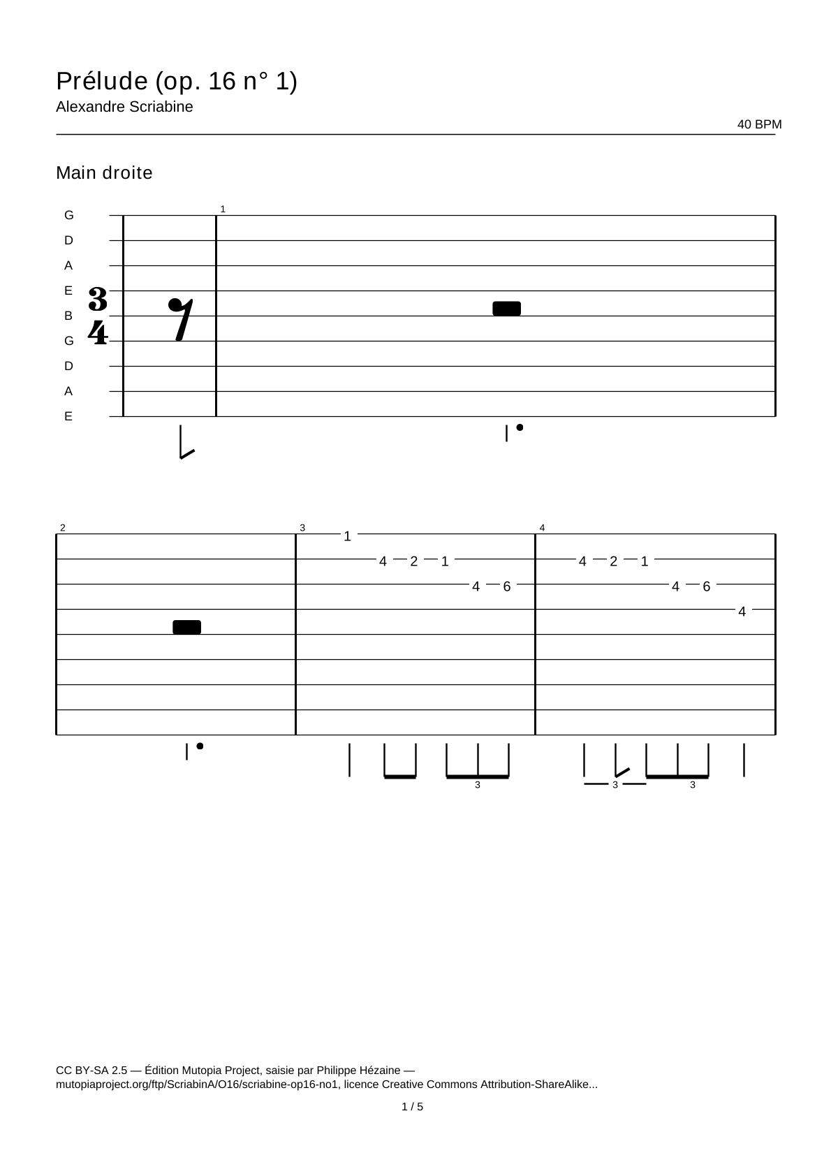 Preludio (op. 16 n.º 1) — Tablatura de guitarra