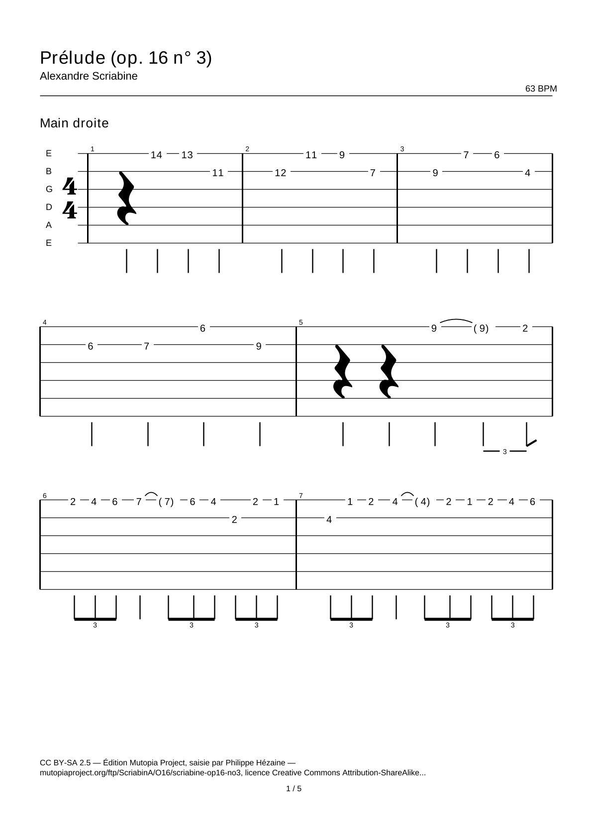 Prélude (op. 16 n° 3) — Tablature guitare