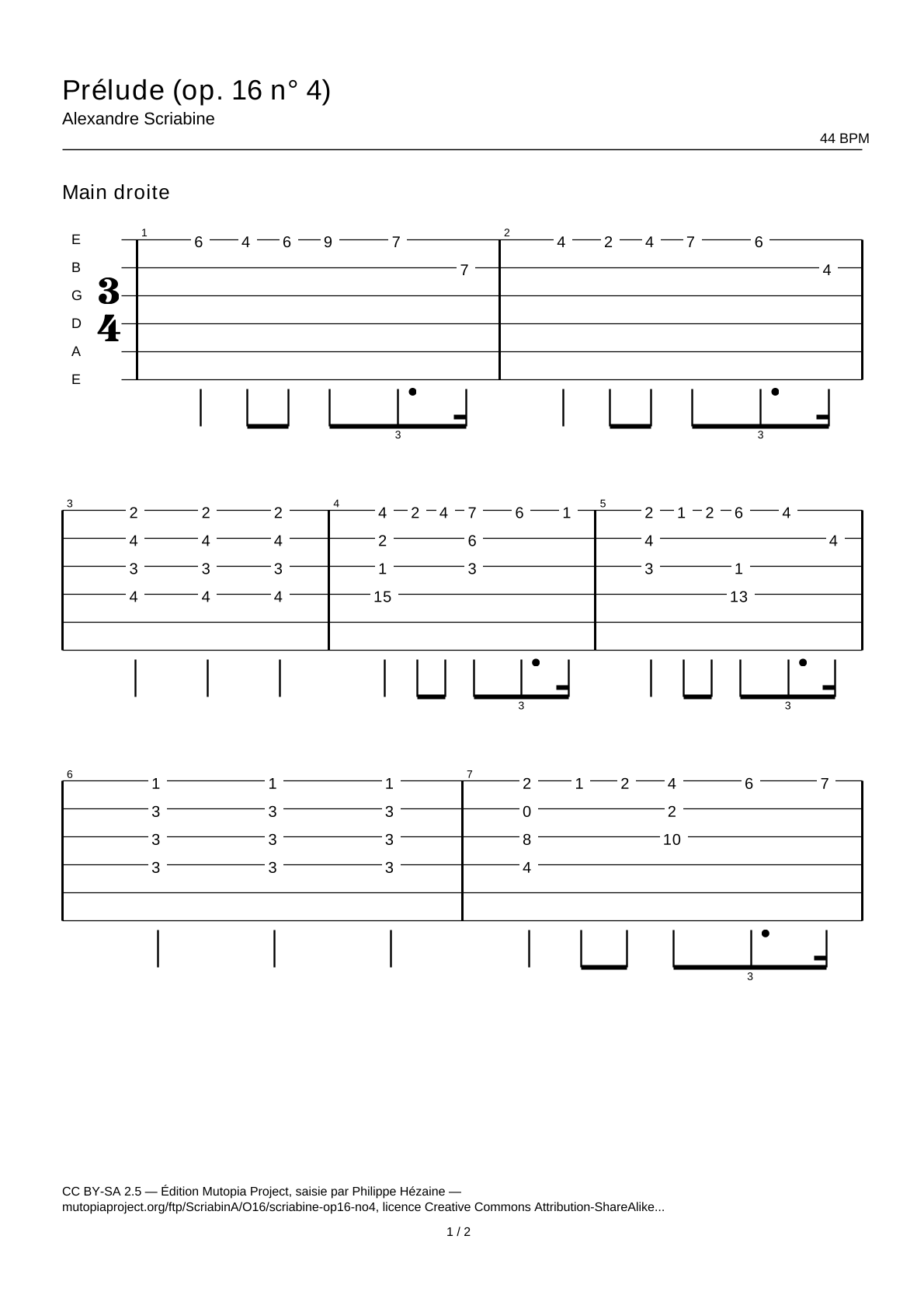 Prélude (op. 16 n° 4) — Tablature guitare