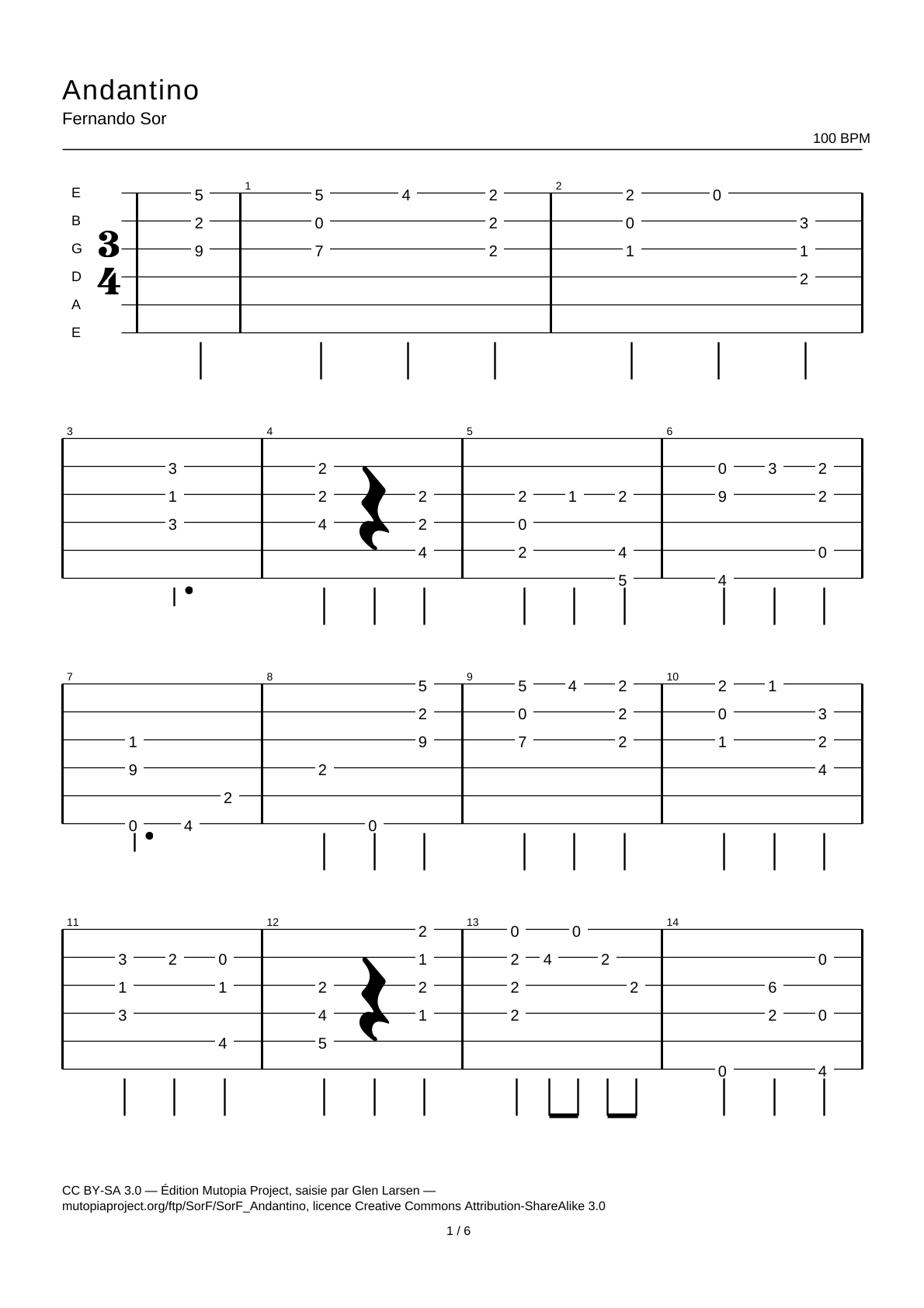 Andantino — Tablatura de guitarra