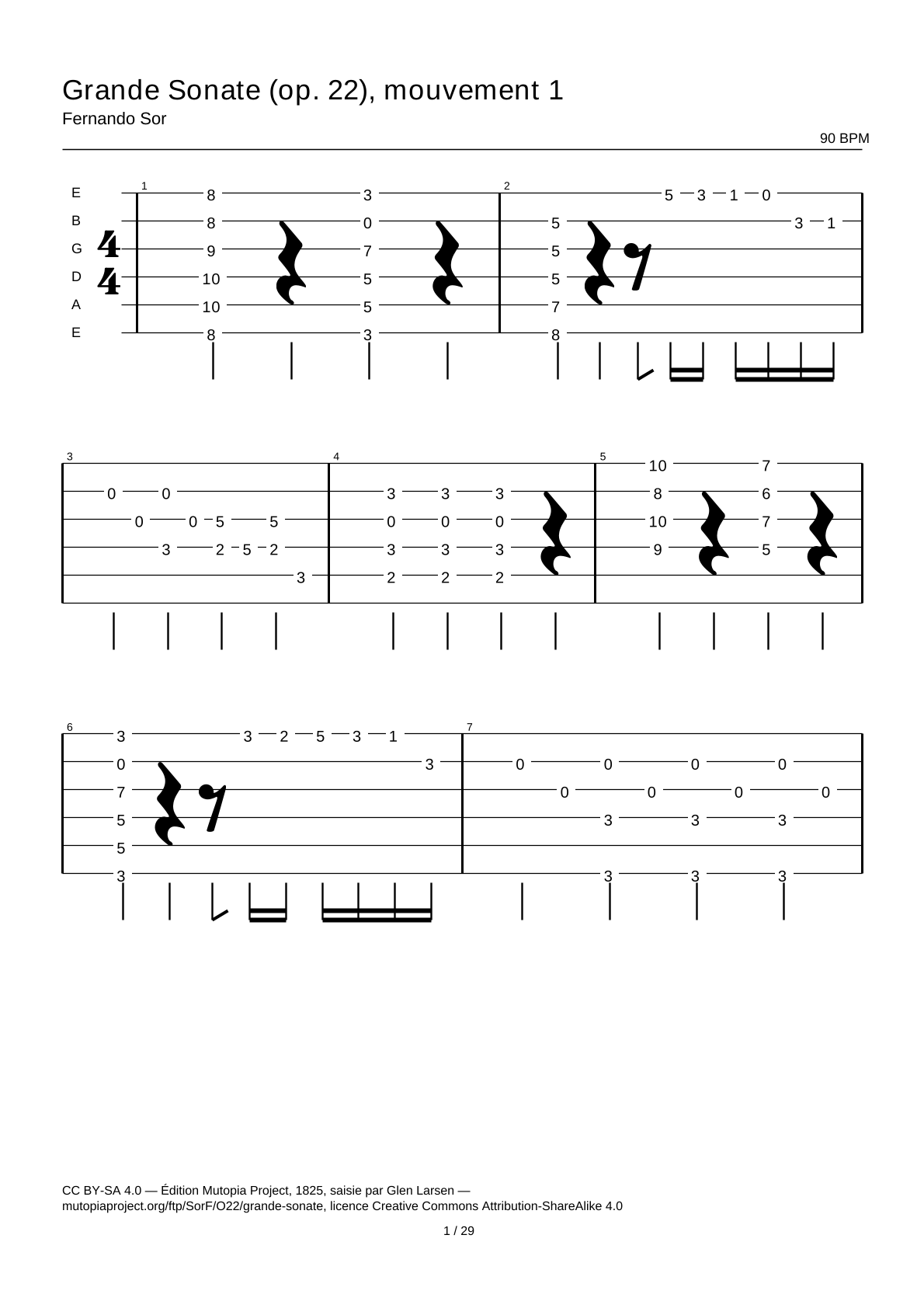 Gran sonata (op. 22), movimiento 1 — Tablatura de guitarra