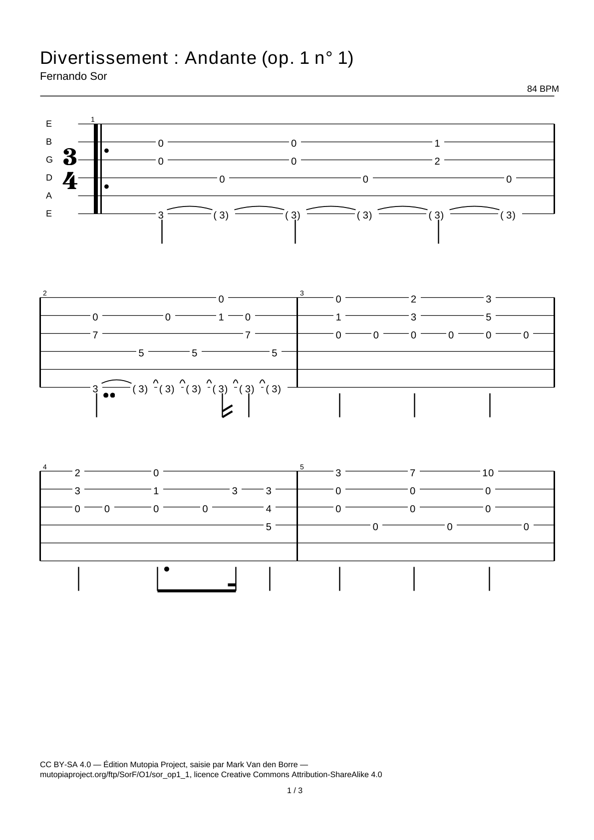 Divertimento: Andante (Op. 1 No. 1) — Guitar Tab