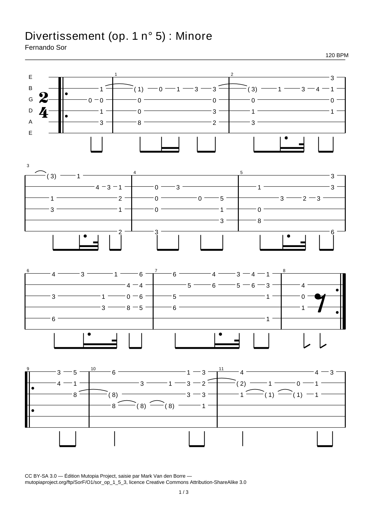 Divertissement (Op. 1 No. 5): Minore — Guitar Tab