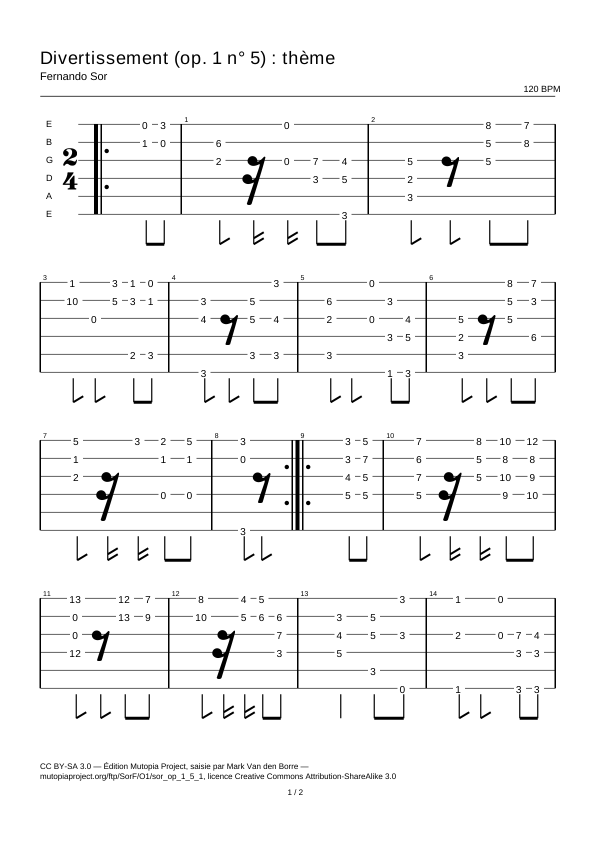 Divertissement (Op. 1 No. 5): Theme — Guitar Tab