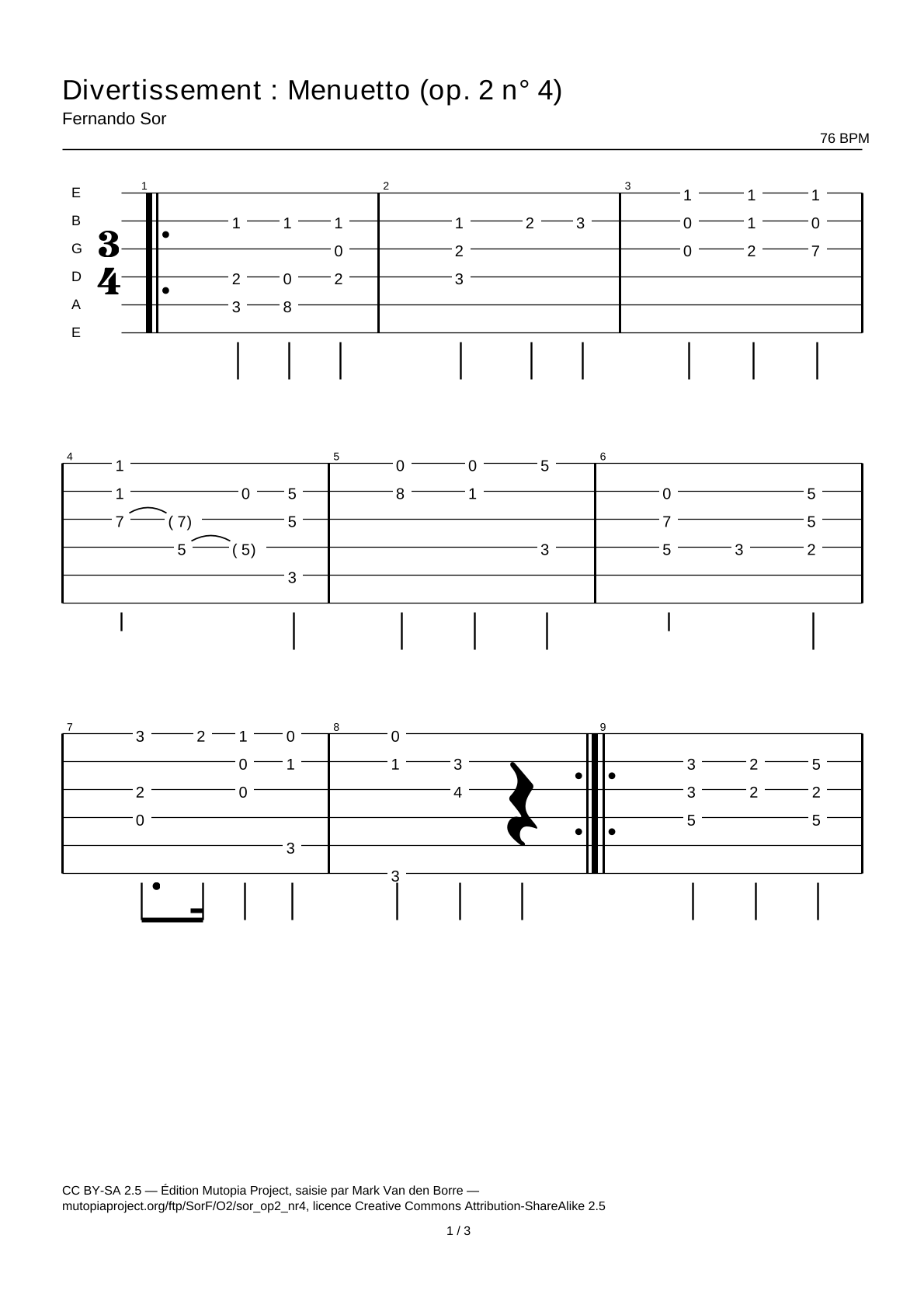Divertimento: Menuetto (Op. 2 No. 4) — Guitar Tab