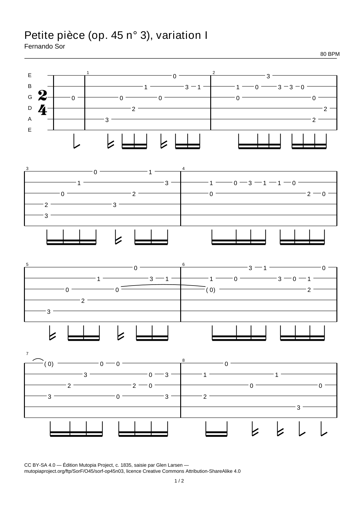 Petite pièce (Op. 45 No. 3), variation I — Guitar Tab
