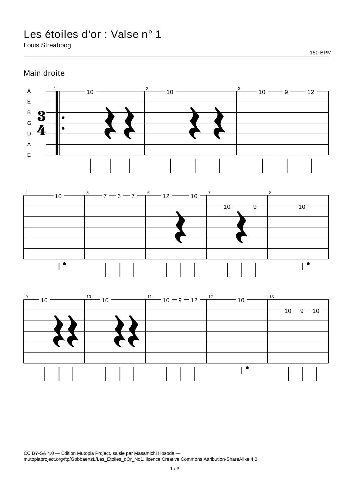 Les étoiles d'or : Valse n° 1 — Tablature guitare