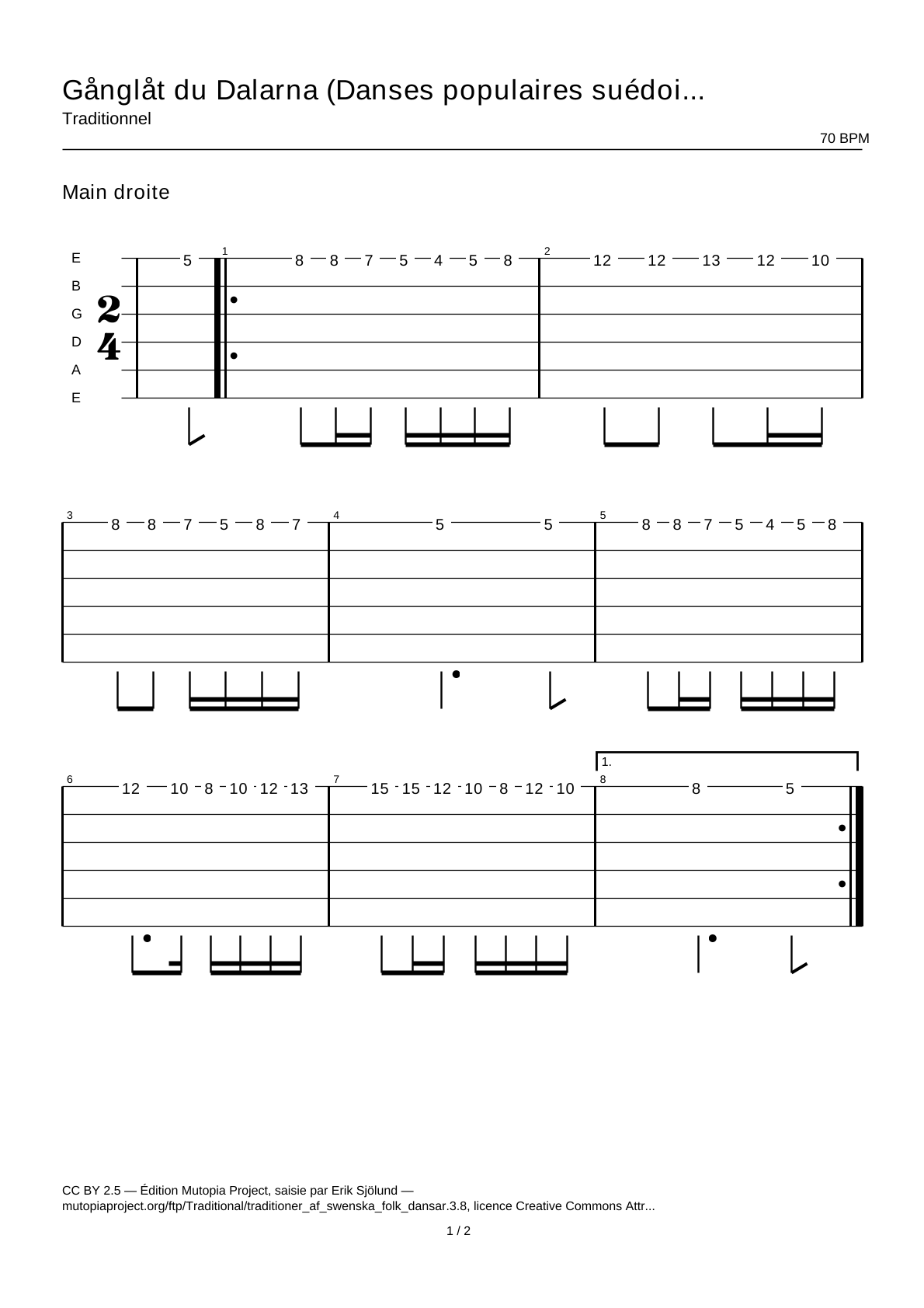 Gånglåt de Dalarna (Danzas populares suecas, parte 3 n.º 8) — Tablatura de guitarra