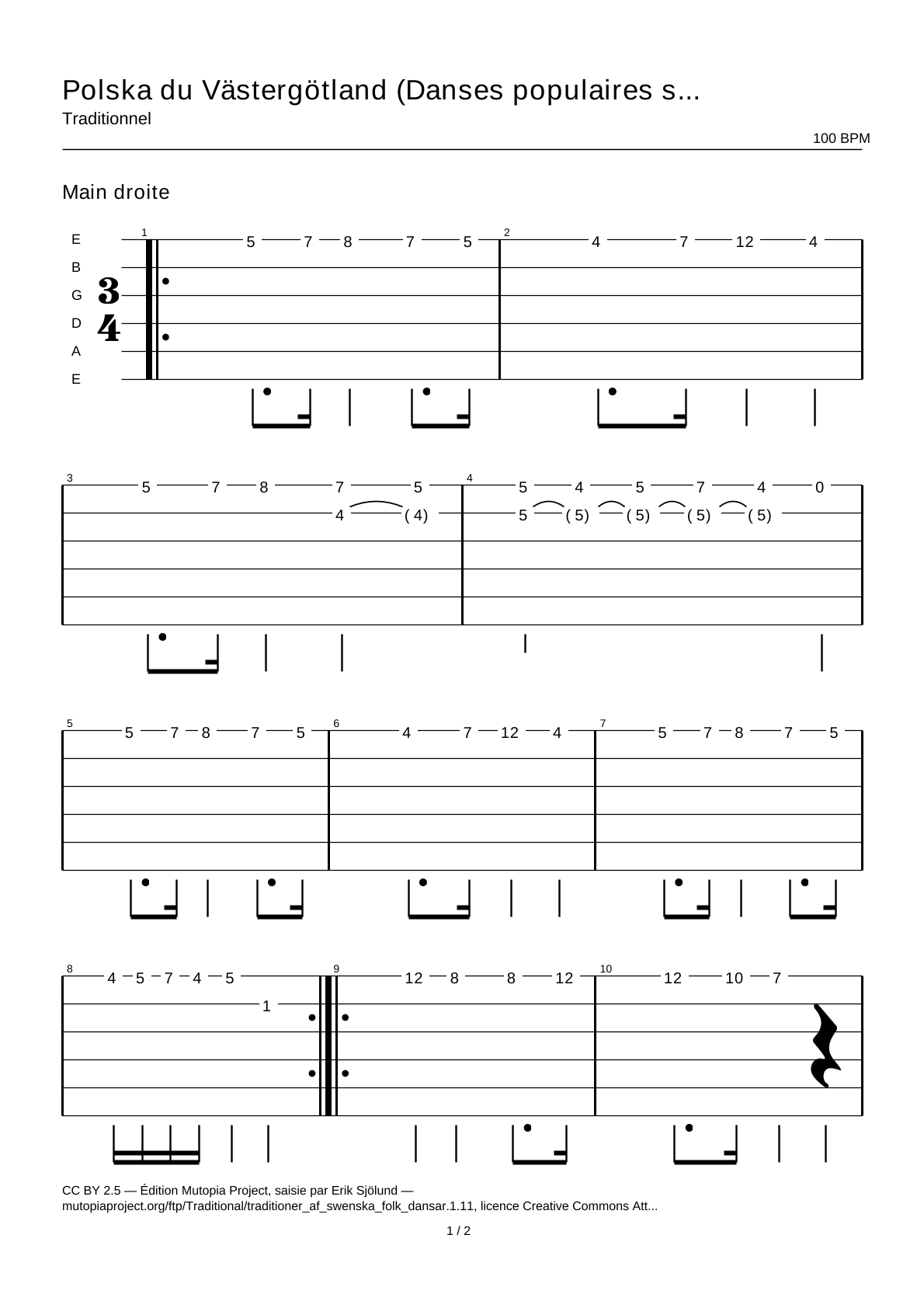 Polska du Västergötland (Danses populaires suédoises, partie 1 n° 11) — Tablature guitare