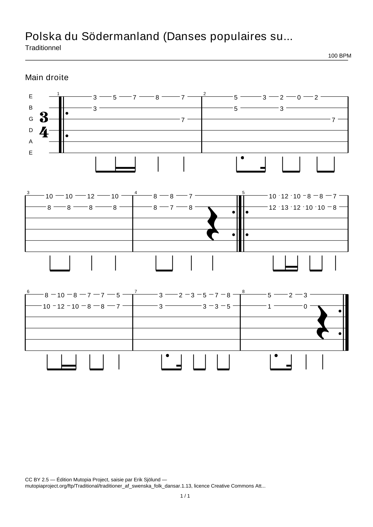 Polska from Södermanland (Swedish Folk Dances, part 1 No. 13) — Guitar Tab