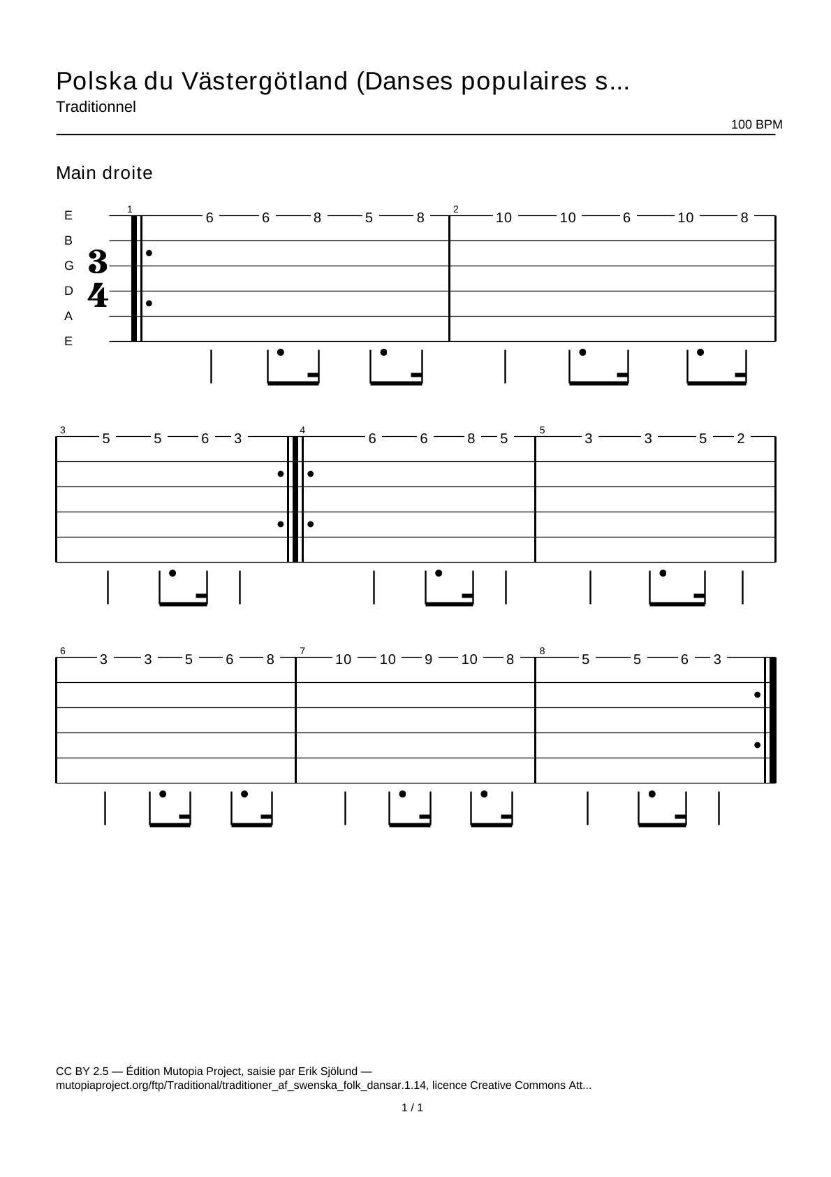 Polska du Västergötland (Danses populaires suédoises, partie 1 n° 14) — Tablature guitare