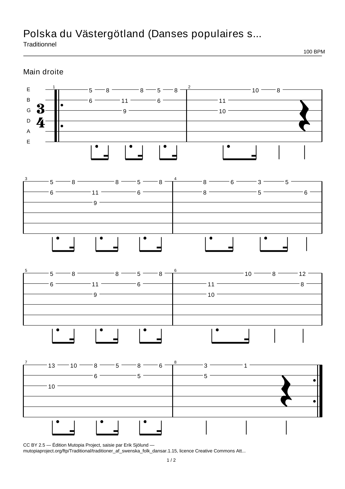 Polska du Västergötland (Danses populaires suédoises, partie 1 n° 15) — Tablature guitare