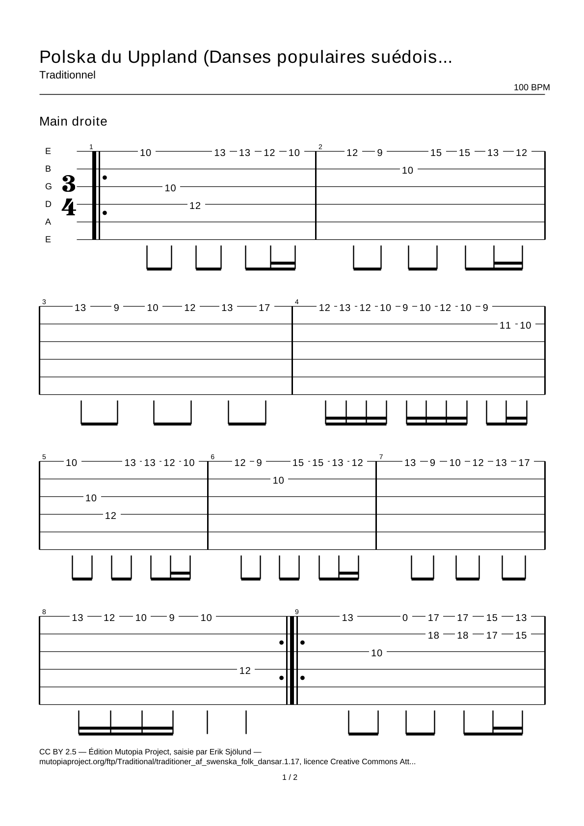 Polska from Uppland (Swedish Folk Dances, part 1 No. 17) — Guitar Tab