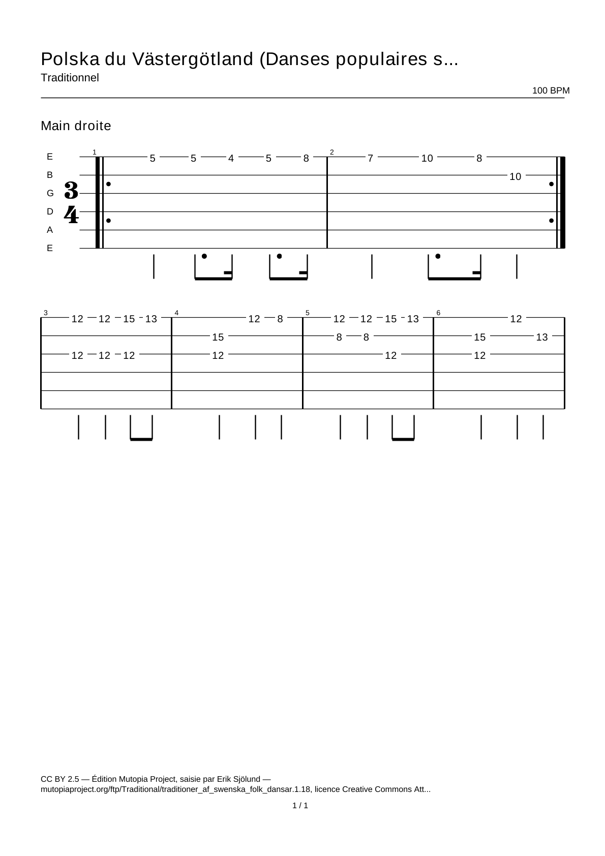 Polska from Västergötland (Swedish Folk Dances, part 1 No. 18) — Guitar Tab
