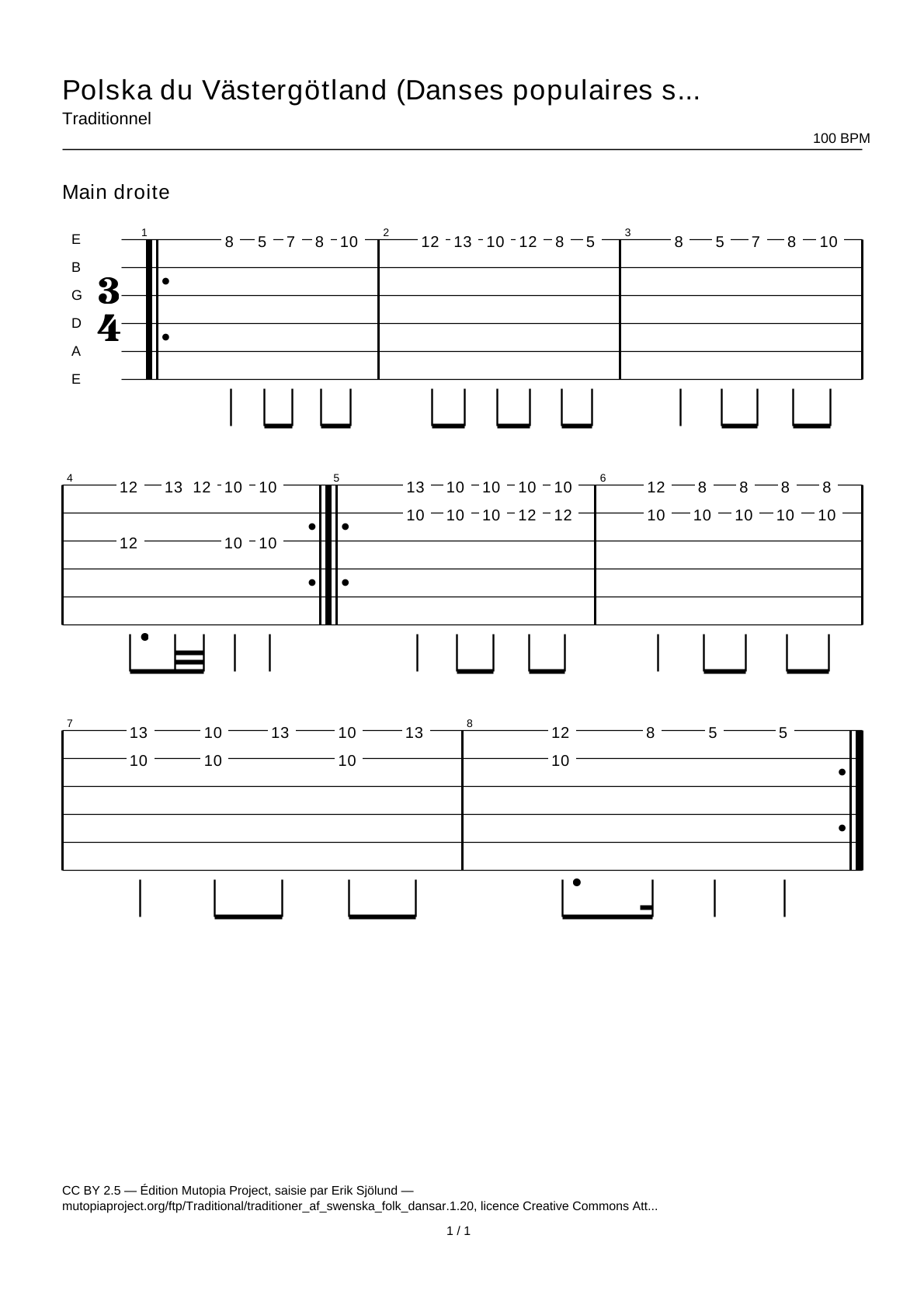 Polska from Västergötland (Swedish Folk Dances, part 1 No. 20) — Guitar Tab