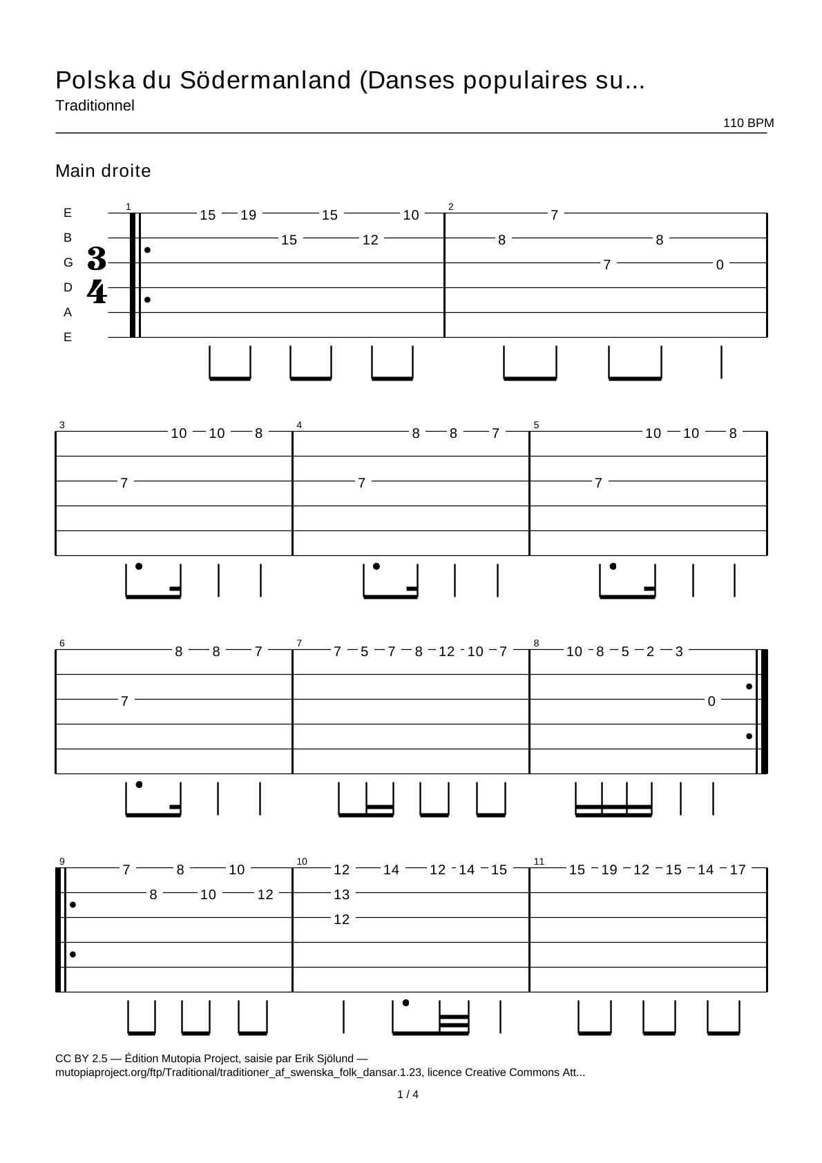 Polska from Södermanland (Swedish Folk Dances, part 1 No. 23) — Guitar Tab