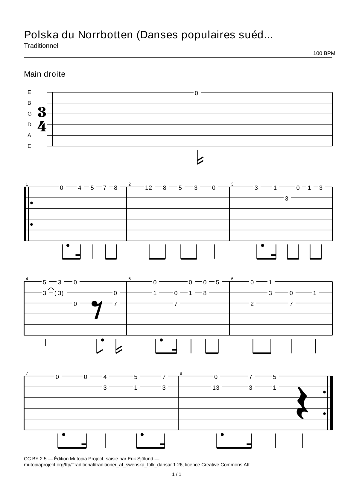 Polska du Norrbotten (Danses populaires suédoises, partie 1 n° 26) — Tablature guitare