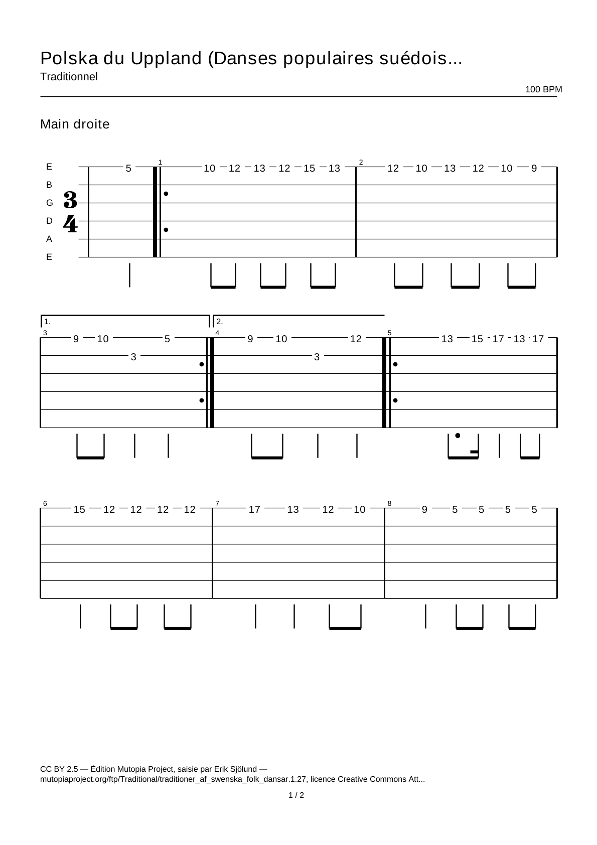 Polska from Uppland (Swedish Folk Dances, part 1 No. 27) — Guitar Tab
