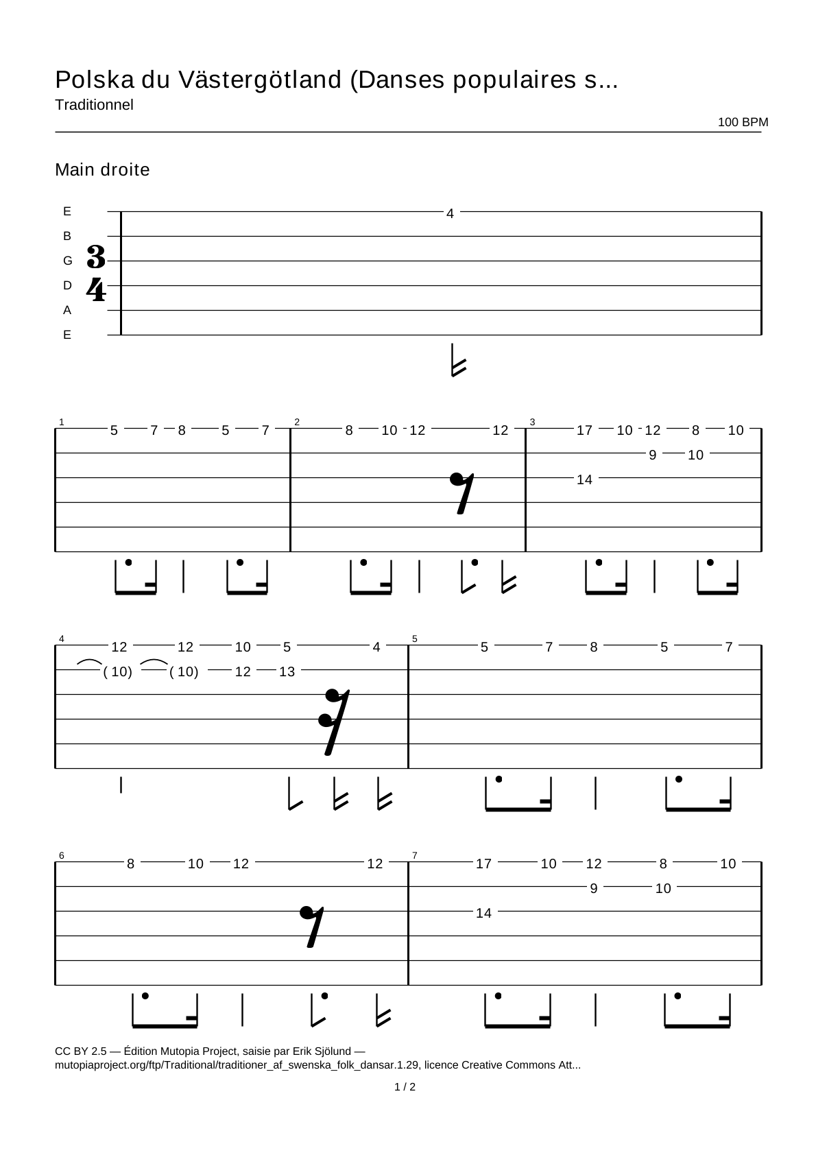Polska from Västergötland (Swedish Folk Dances, part 1 No. 29) — Guitar Tab