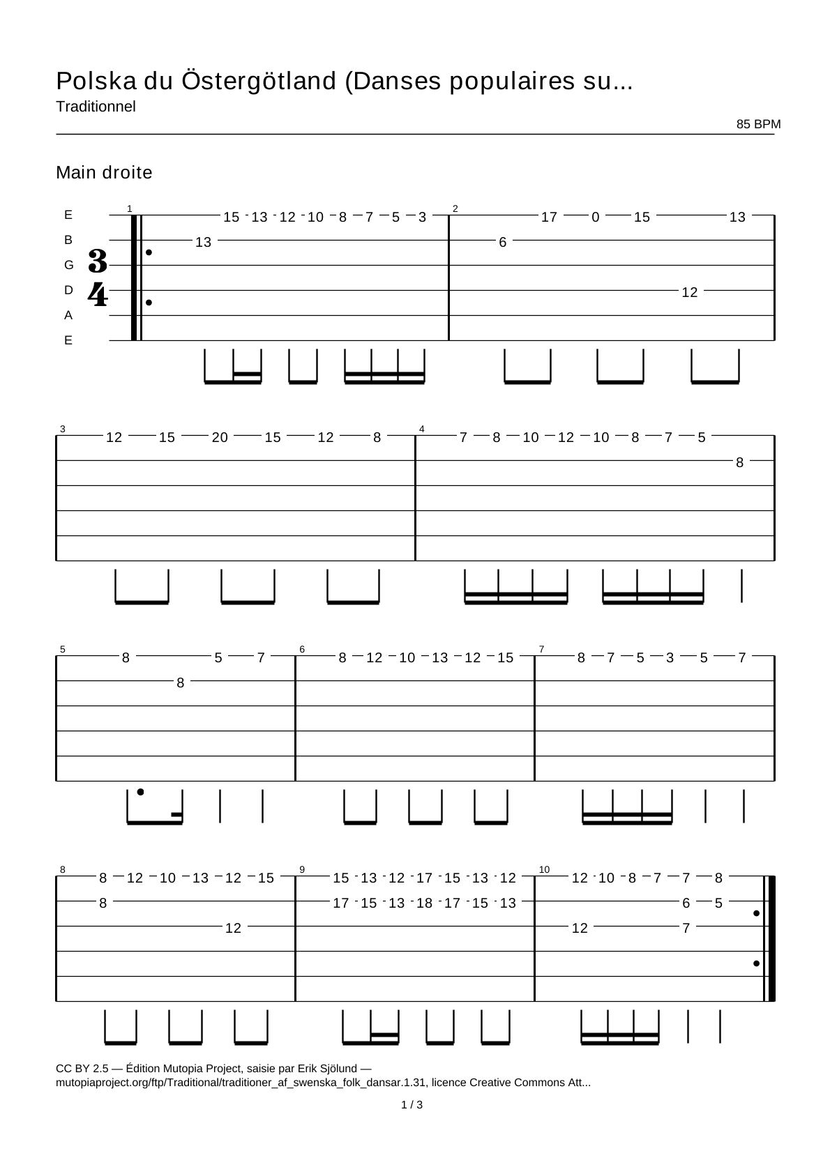 Polska from Östergötland (Swedish Folk Dances, part 1 No. 31) — Guitar Tab