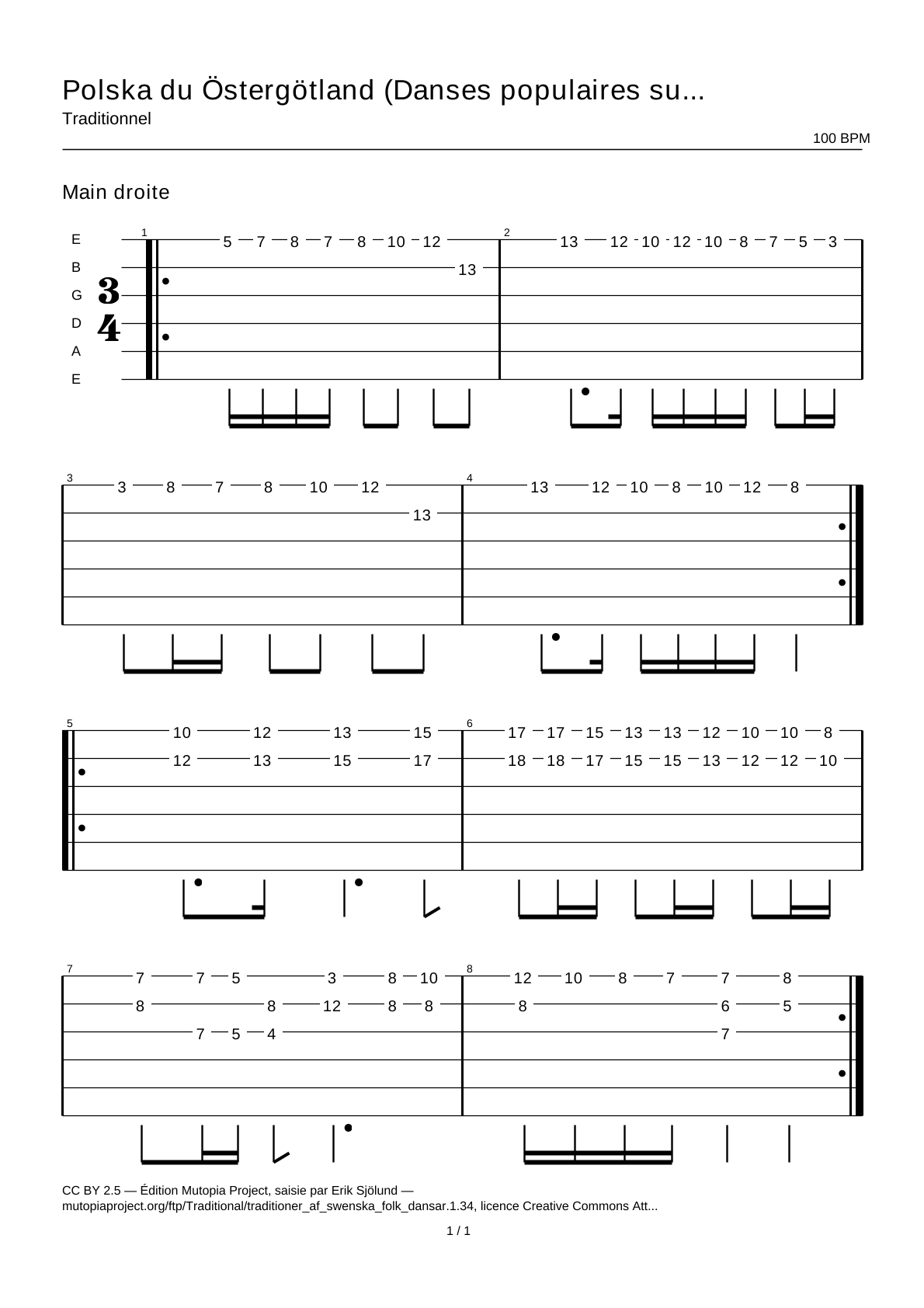 Polska from Östergötland (Swedish Folk Dances, part 1 No. 34) — Guitar Tab