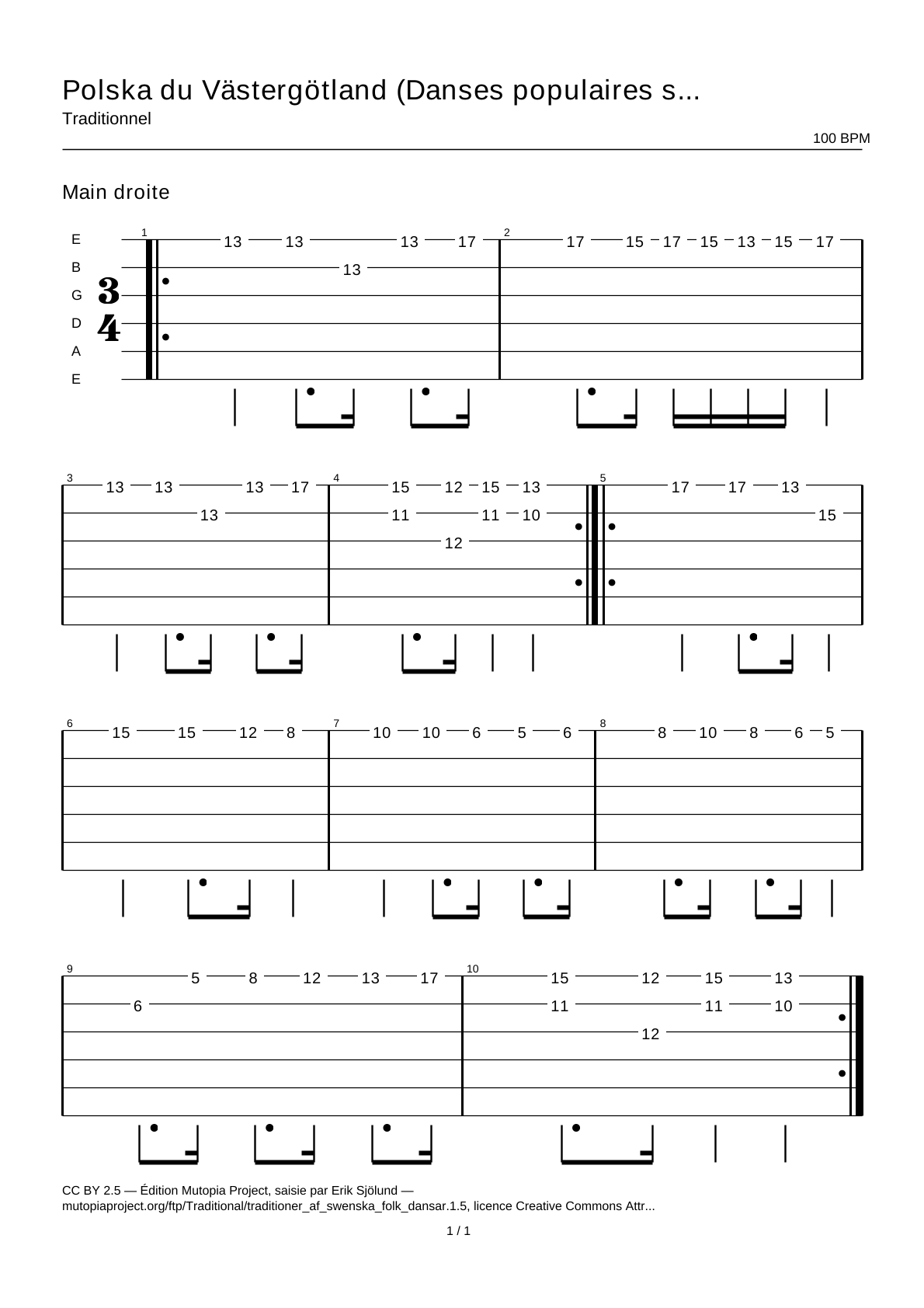 Polska from Västergötland (Swedish Folk Dances, part 1 No. 5) — Guitar Tab