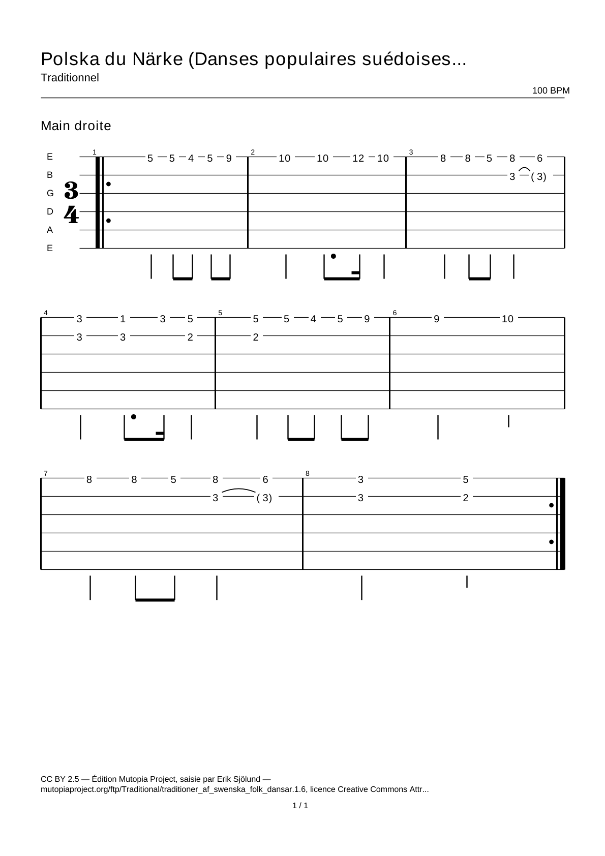 Polska from Närke (Swedish Folk Dances, part 1 No. 6) — Guitar Tab