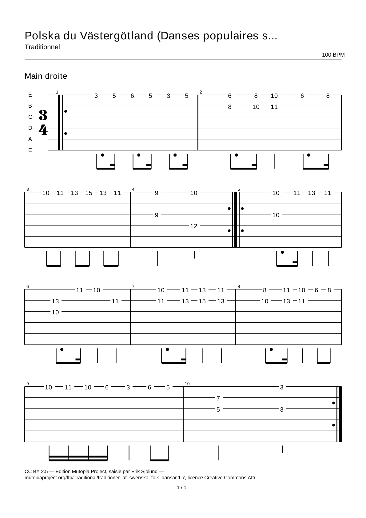 Polska from Västergötland (Swedish Folk Dances, part 1 No. 7) — Guitar Tab