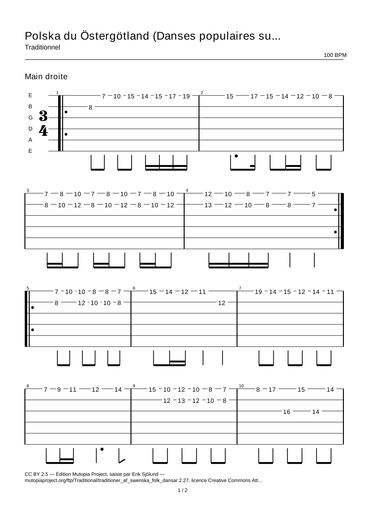 Polska from Östergötland (Swedish Folk Dances, part 2 No. 27) — Guitar Tab