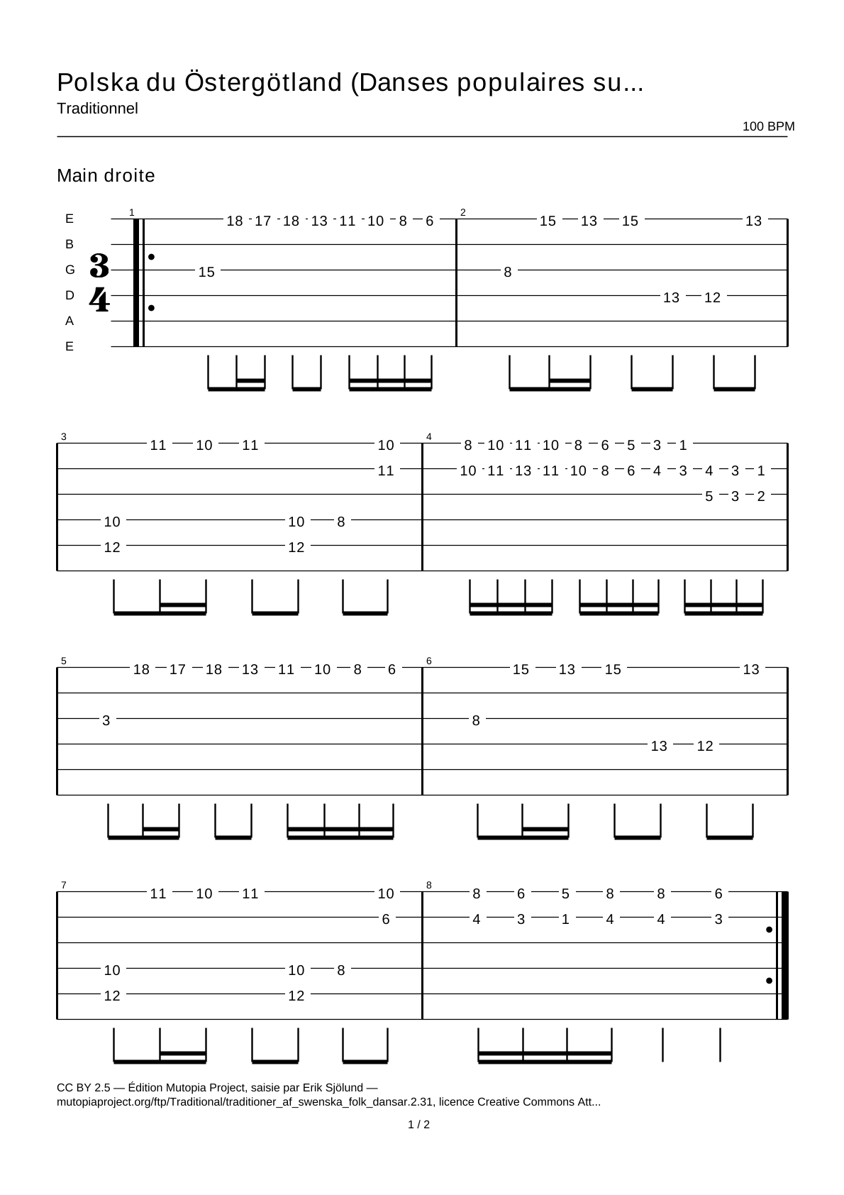 Polska from Östergötland (Swedish Folk Dances, part 2 No. 31) — Guitar Tab