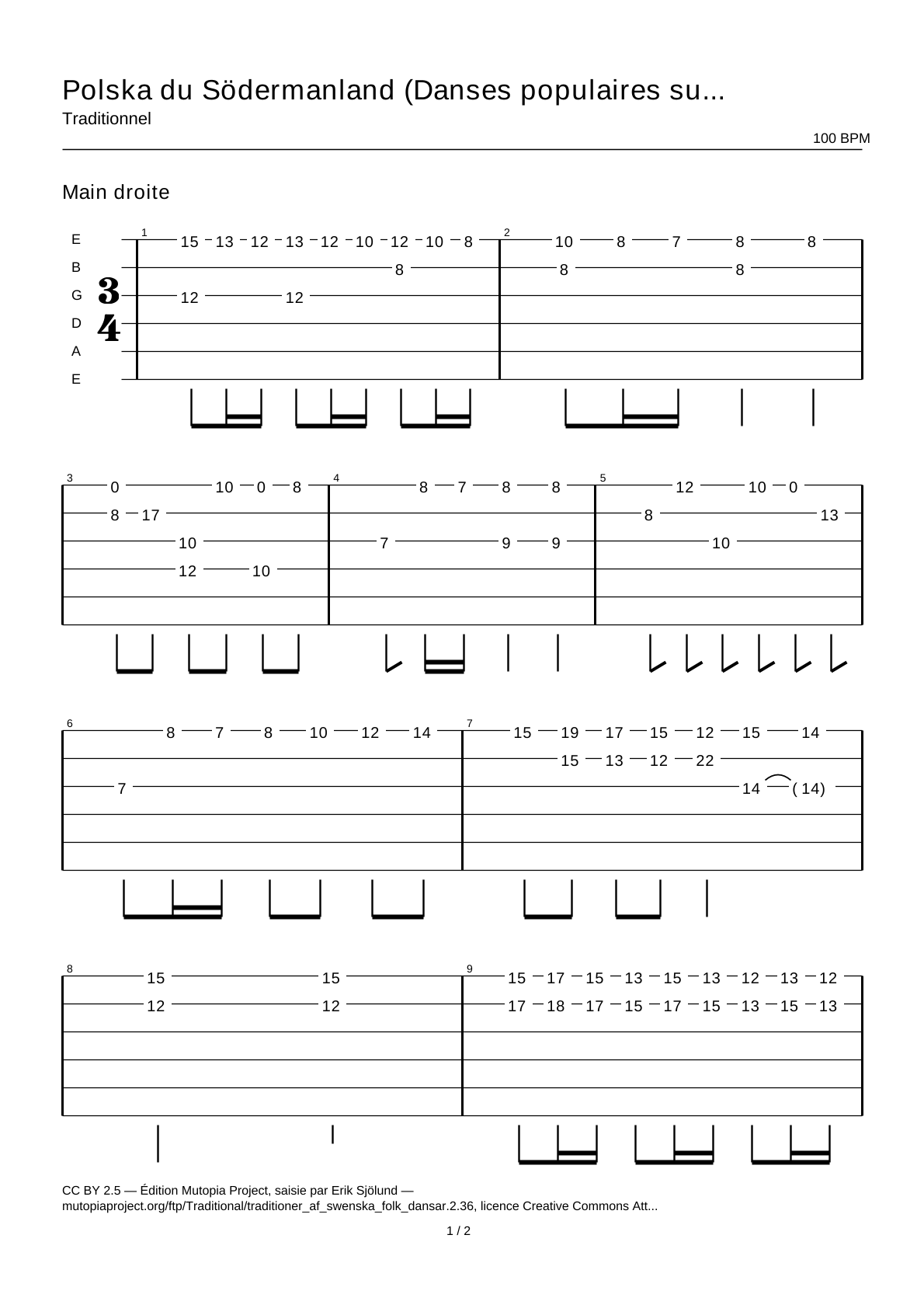 Polska from Södermanland (Swedish Folk Dances, part 2 No. 36) — Guitar Tab