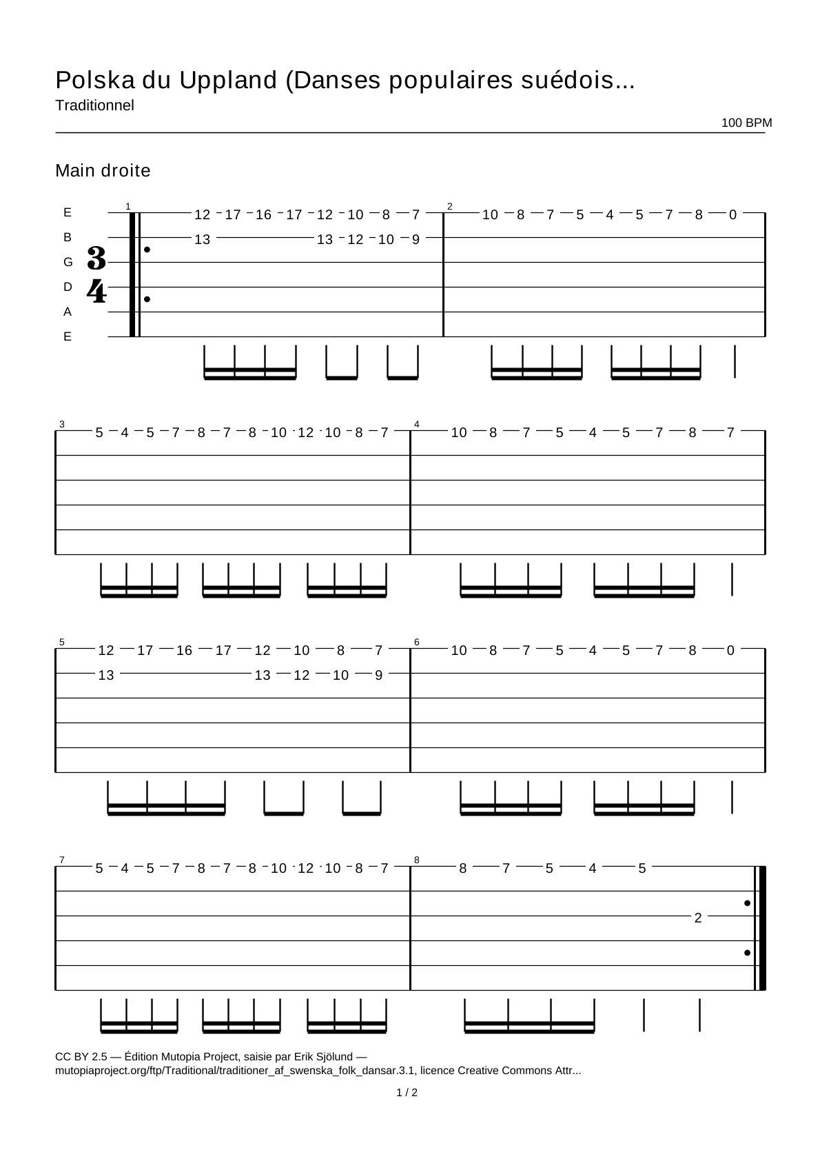 Polska from Uppland (Swedish Folk Dances, part 3 No. 1) — Guitar Tab