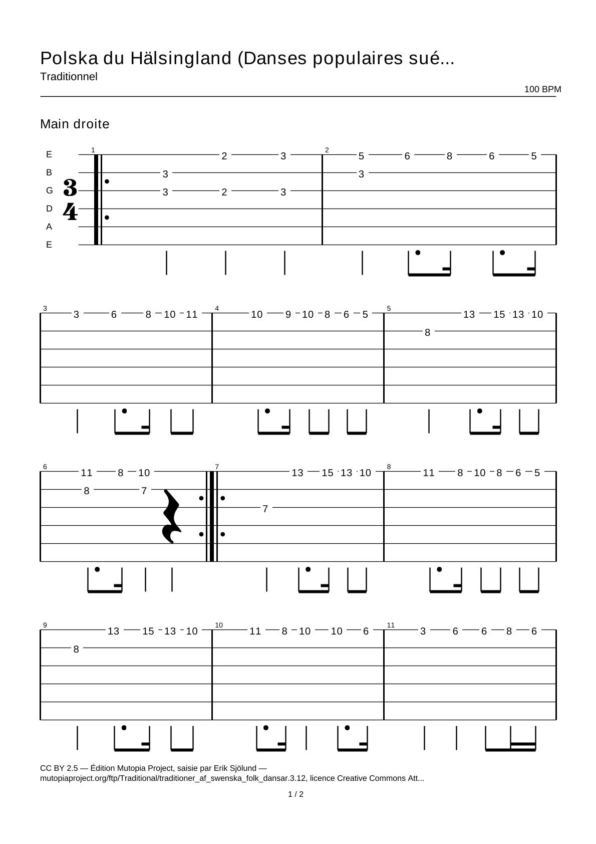 Polska from Hälsingland (Swedish Folk Dances, part 3 No. 12) — Guitar Tab