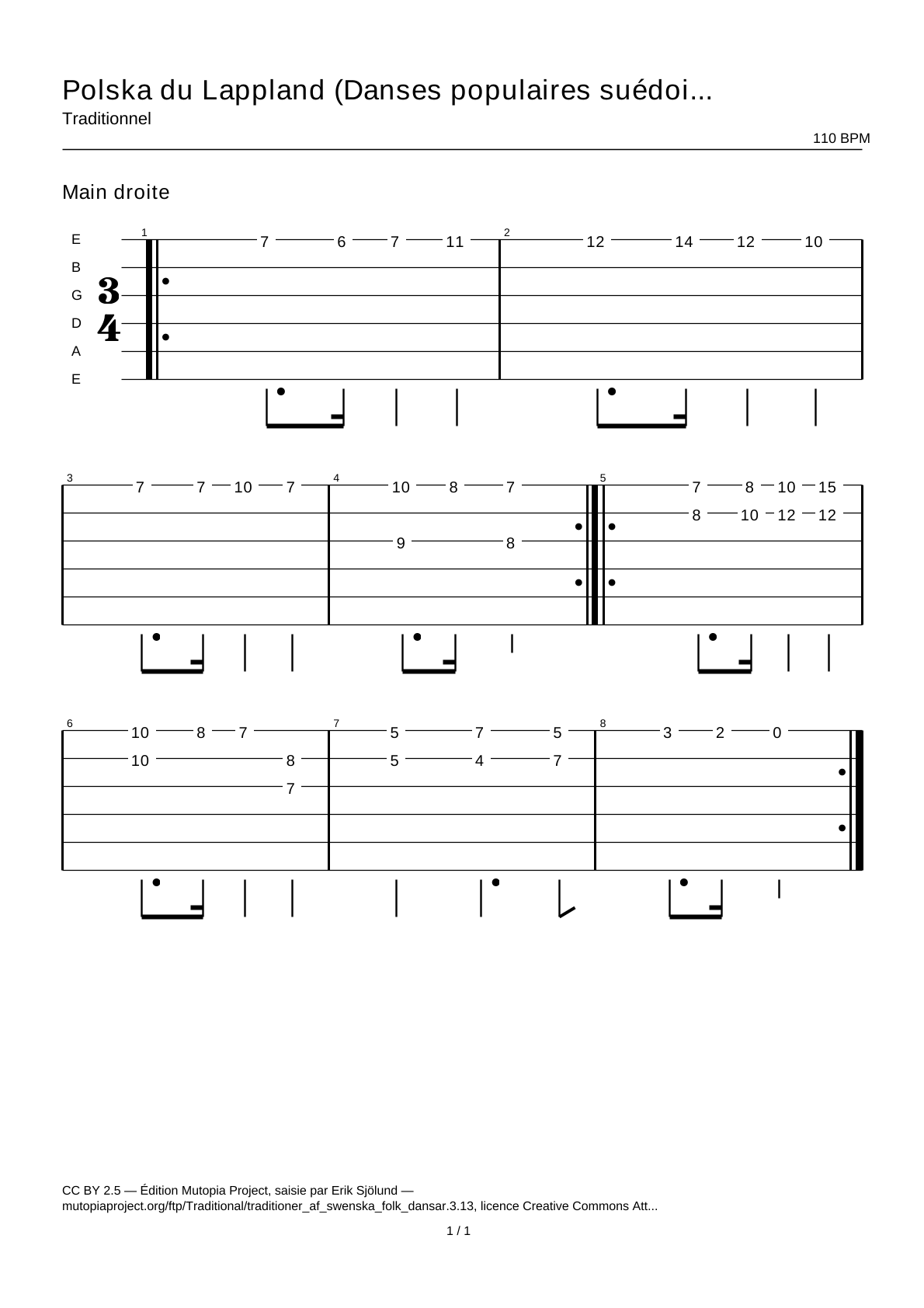 Polska from Lappland (Swedish Folk Dances, part 3 No. 13) — Guitar Tab