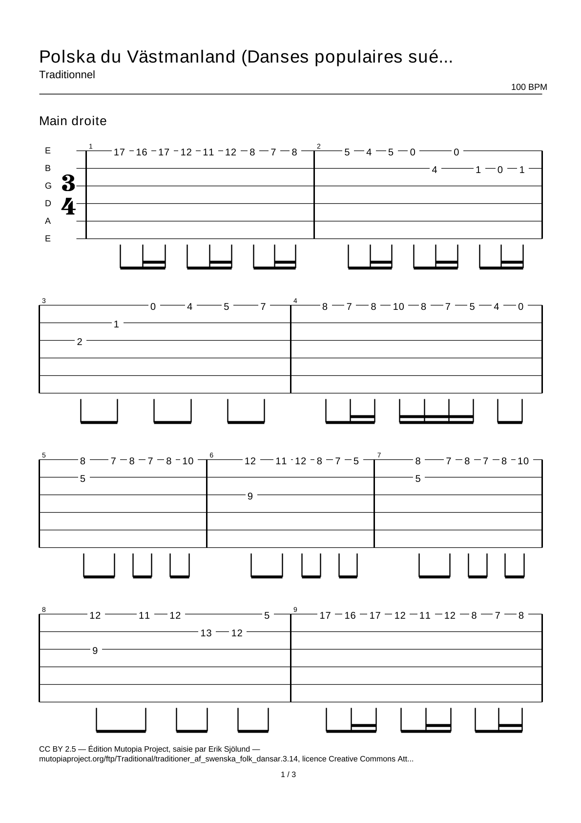 Polska from Västmanland (Swedish Folk Dances, part 3 No. 14) — Guitar Tab