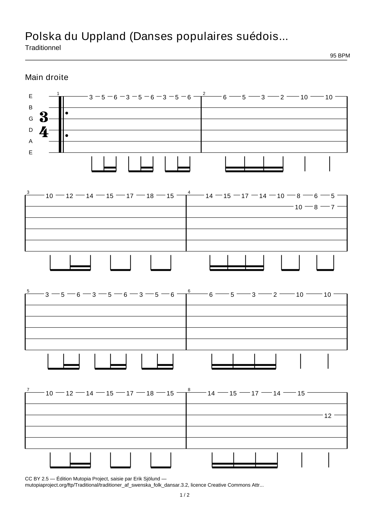 Polska du Uppland (Danses populaires suédoises, partie 3 n° 2) — Tablature guitare
