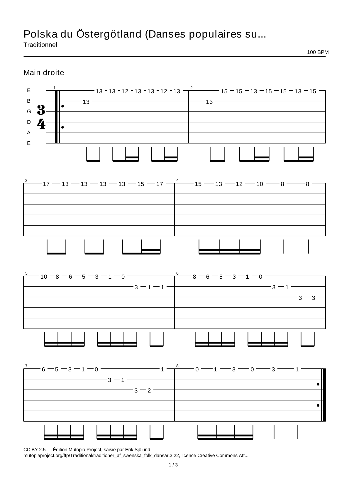 Polska from Östergötland (Swedish Folk Dances, part 3 No. 22) — Guitar Tab