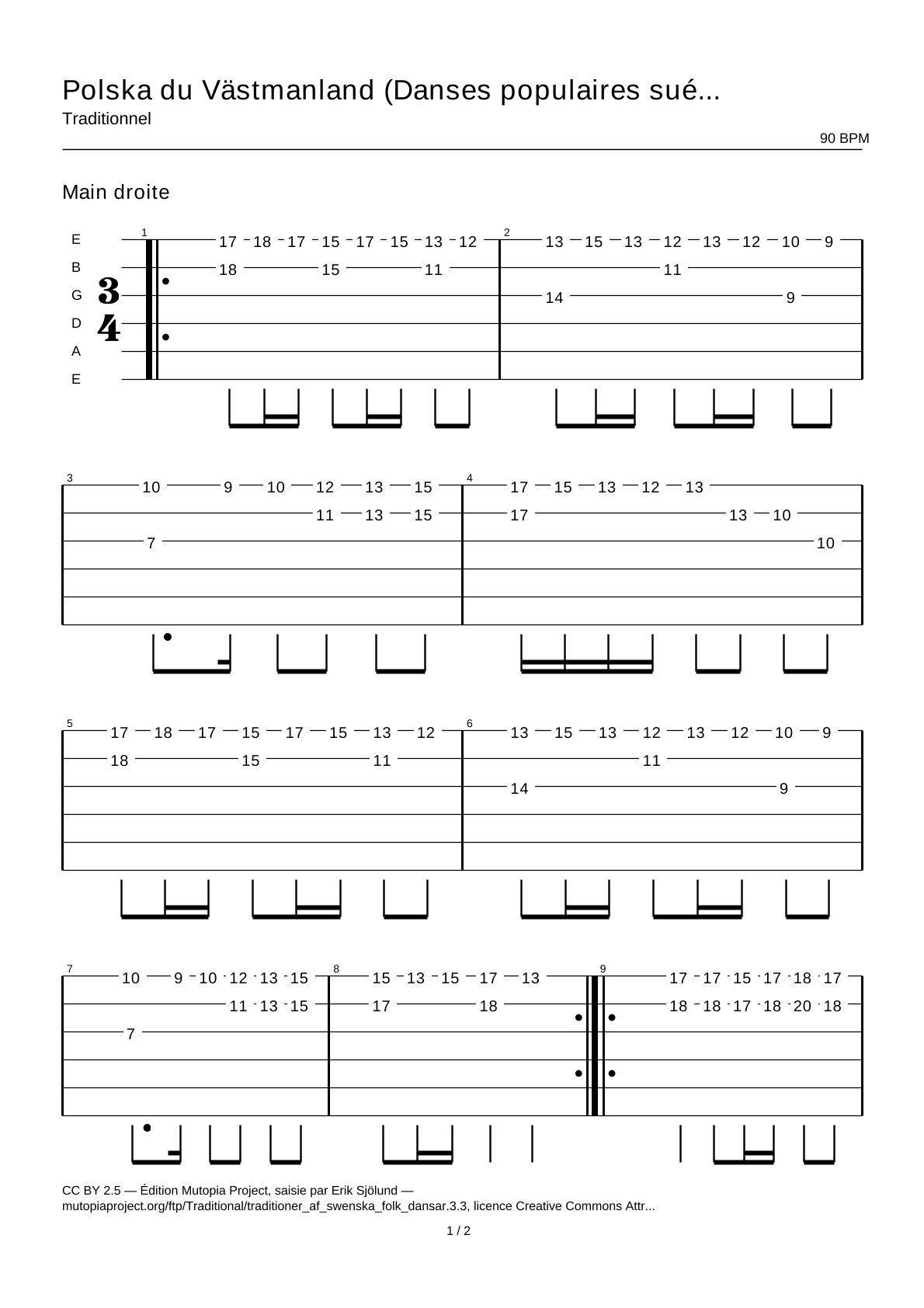 Polska from Västmanland (Swedish Folk Dances, part 3 No. 3) — Guitar Tab
